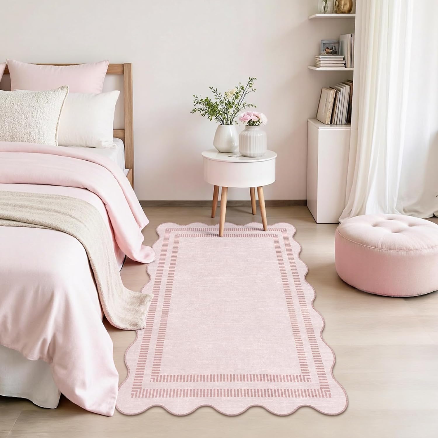 Washable 3x5 Indoor Entryway Rug, Solid Pink Non Slip Rugs for Bedroom Girls, Stain Resistant Scalloped Soft Carpet for Nursery Dorm Kitchen