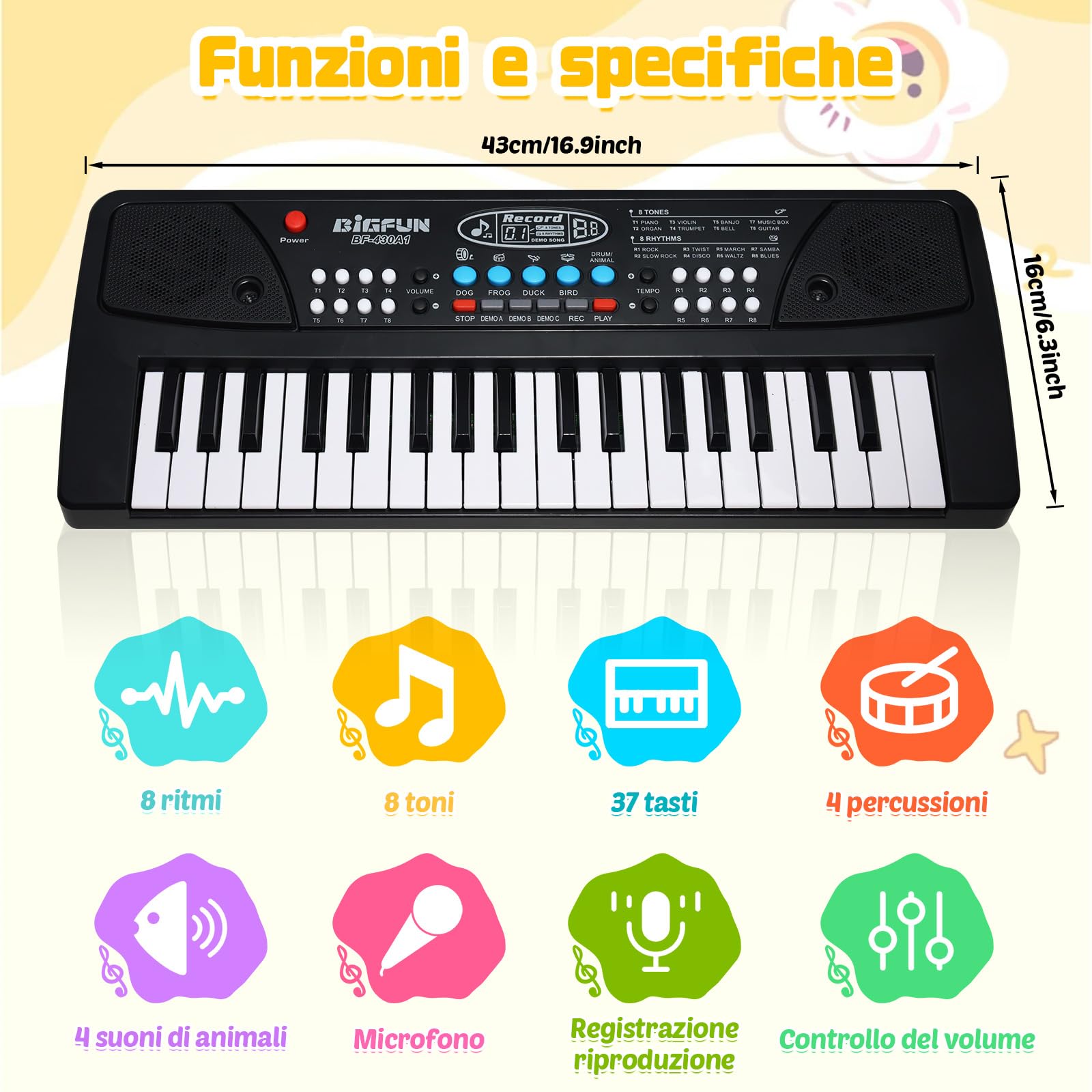 Tastiera Musicale per Bambini con Microfono – Pianoforte per Bambini 37 Tasti, Mini Pianola con Funzione di Registrazione, USB/Batteria