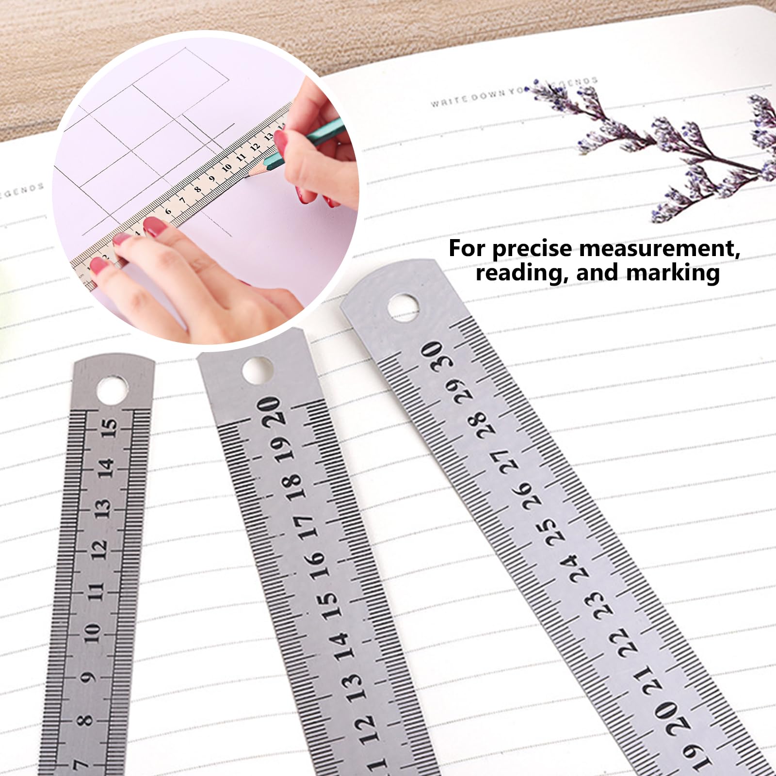 Produktbild von 3er-Set Edelstahl-Lineale 15/20/30 Cm – Doppelseitig, Laser-graviert, Mit Aufhängeloch – Für Schule, Büro & Technik
