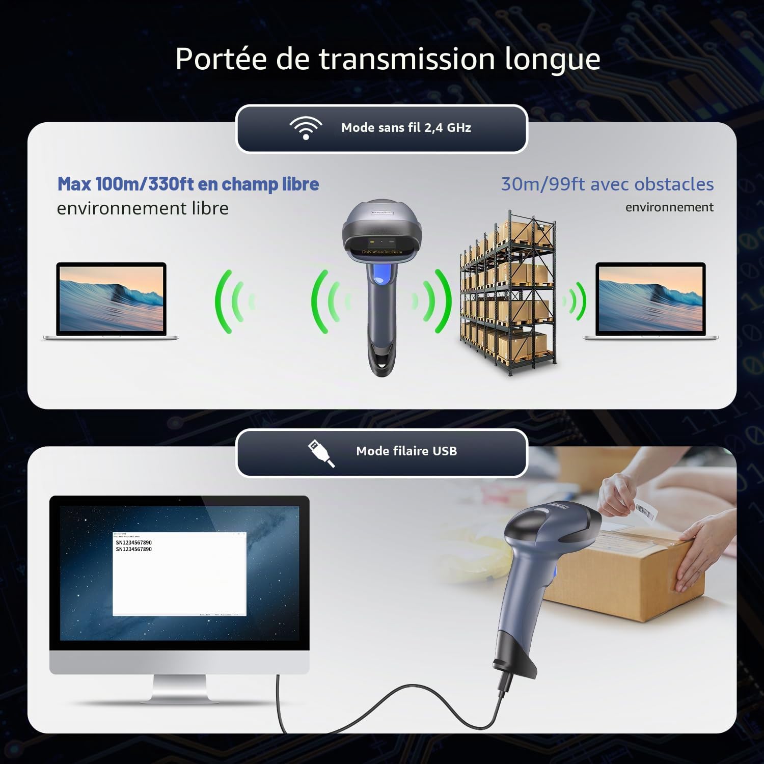 NetumScan 1D 2D QR Barcode Scanner 2.4G Wireless USB Wired Barcode Reader Scan DataMatrix Compatible avec Computer Laptop Windows OS PC for Warehouses Supermarket M8