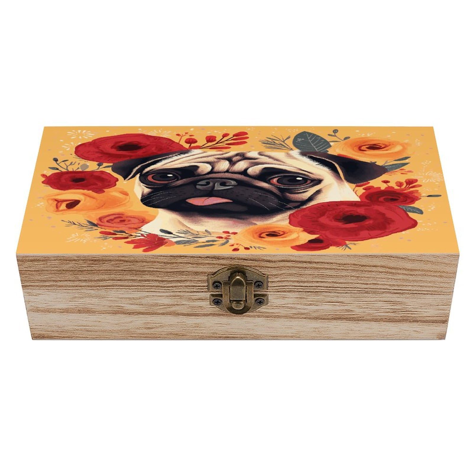 JTREHY Pug Flower Wooden Keepsake Box Vintage-Style Wood Keepsake Case with Hinged Lid Solid Wood Boxes Beautifully Memory Treasure Case Vintage-Style Wooden Storage Box