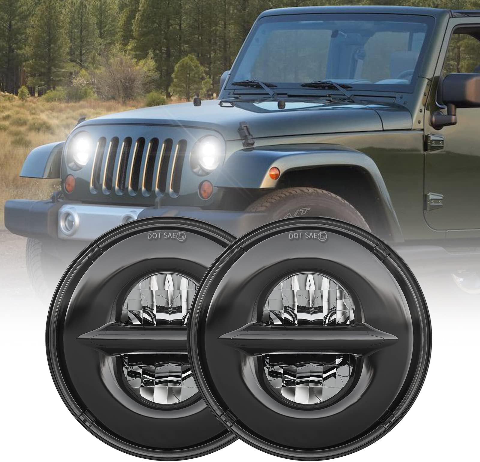 BICYACO 7 In LED Headlight, 90W DOT Headlights High Low Beam Compatible with Jeep Wrangler JK TJ LJ CJ JKU Rubicon Sahara H1 H2 Toyota Land Cruiser Dodge Dakota 1997-2017 (7 Inch Led Headlight Black)