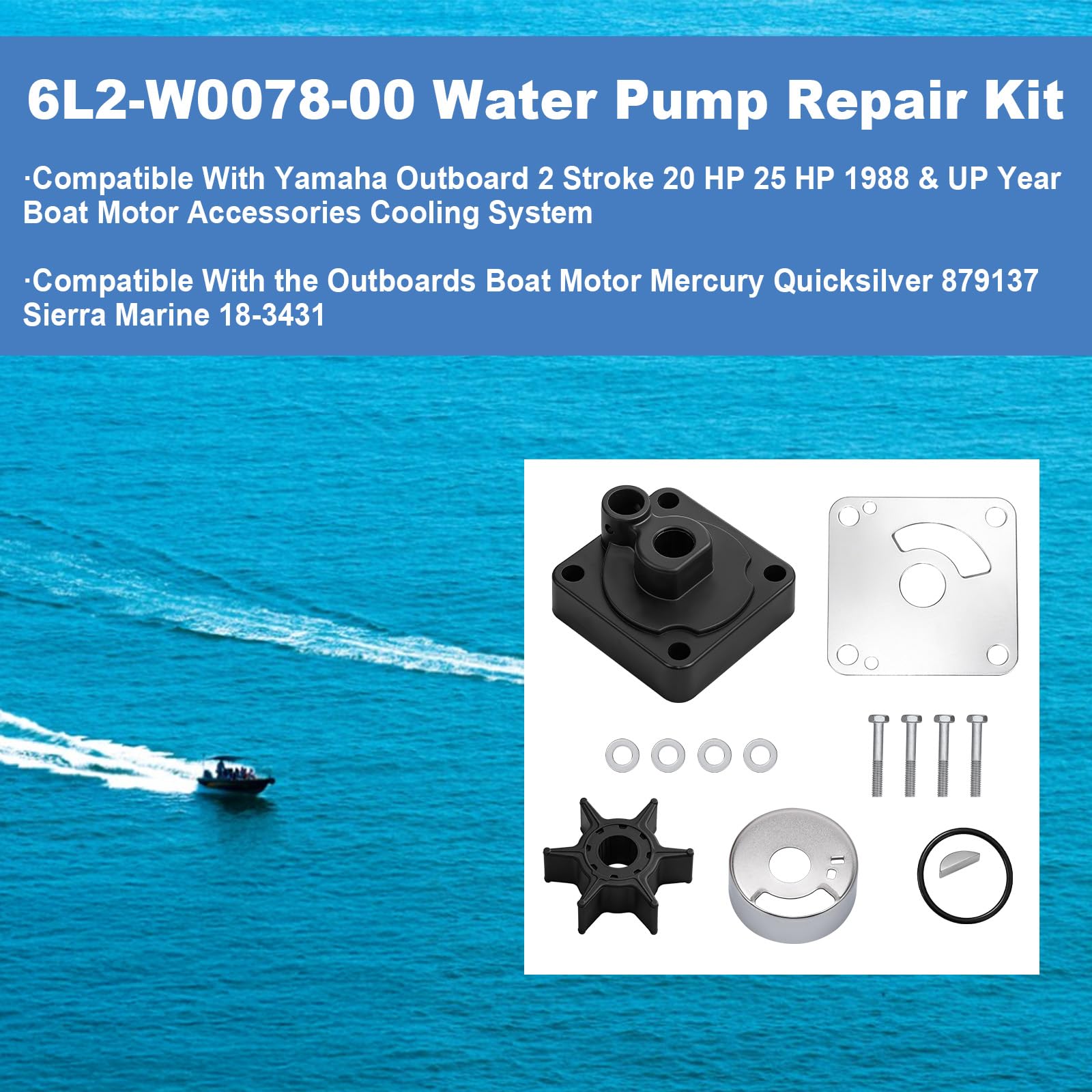 6L2-W0078-00 Kit de reparación de bomba de agua con carcasa, compatible con Yamaha Outboard de 2 tiempos 20HP 25HP, kit de impulsor de bomba de agua de motor de barco, sustituye a 6L2-W0078-00-00