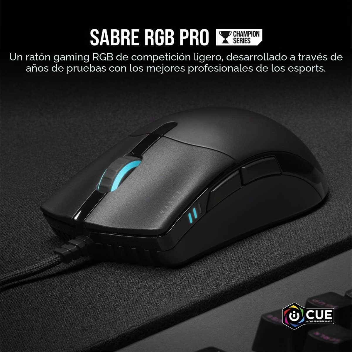 Corsair SABRE RGB PRO CHAMPION SERIES Ratón para Juegos, Forma Ergonómica para eSports, Peso ligero de 74 g, Cable Flexible Paracord, Botones CORSAIR QUICKSTRIKE con Clic Inmediato, Negro