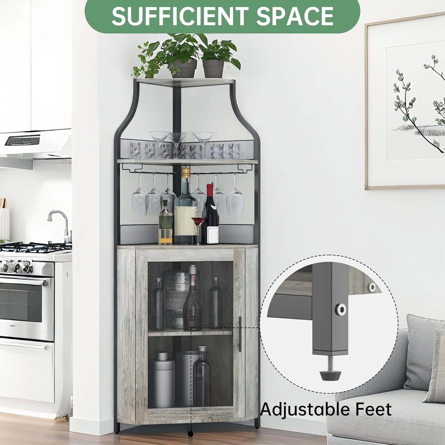 Armadietto angolare in legno con 2 supporti in vetro, armadio ad angolo con ante in metallo e 4 ripiani, cucina con superficie di lavoro, mobili da bar per ingresso, soggiorno, cucina (152 x 90 x 32