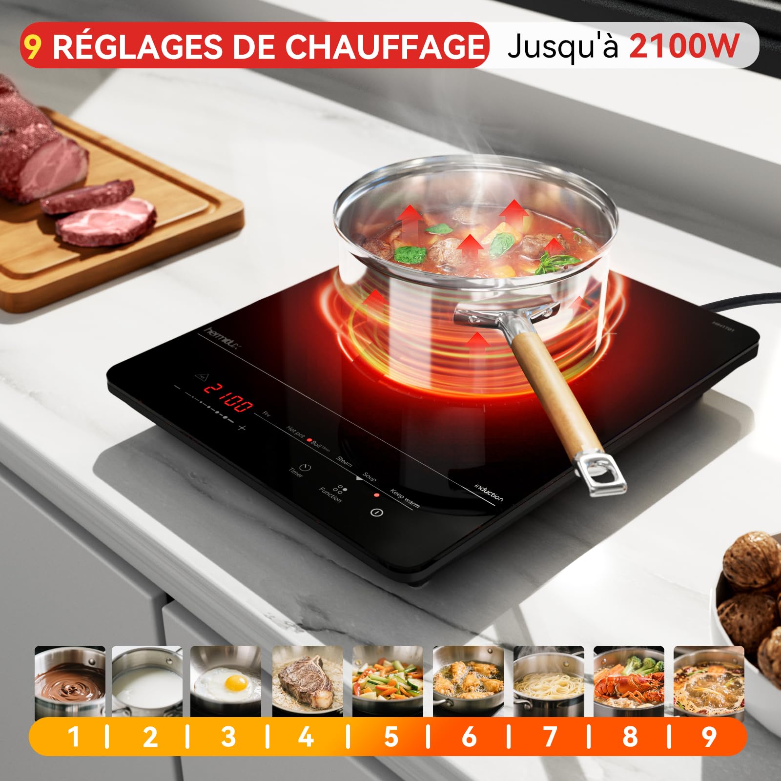Hermitlux Plaque à Induction 1 Feu Portable 2100W 6 Programme 28CM Sécurité | 9 Puissances,Minuterie & Maintien au Chaud, Taille Compacte pour Cuisine, Bureau