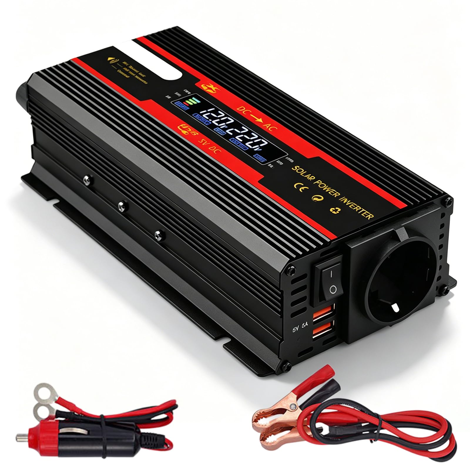 2000W Wechselrichter Spannungswandler 12V auf 230V, Modifizierte Sinuswelle Inverter mit 1 AC Steckdose & 2 USB Port Stromwandler und LCD-Anzeige, Stromumwandler Adapter für Auto KFZ Wohnwagen LKW