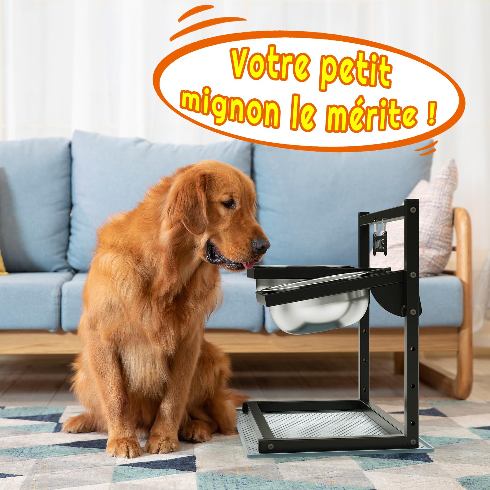 Gamelles surélevées pour chien avec 4 hauteurs réglables et inclinaison de 10 °, 2 gamelles en acier inoxydable (1,5 l x 2) et tapis anti-fuite, support de gamelle surélevé pour chiens de petite,