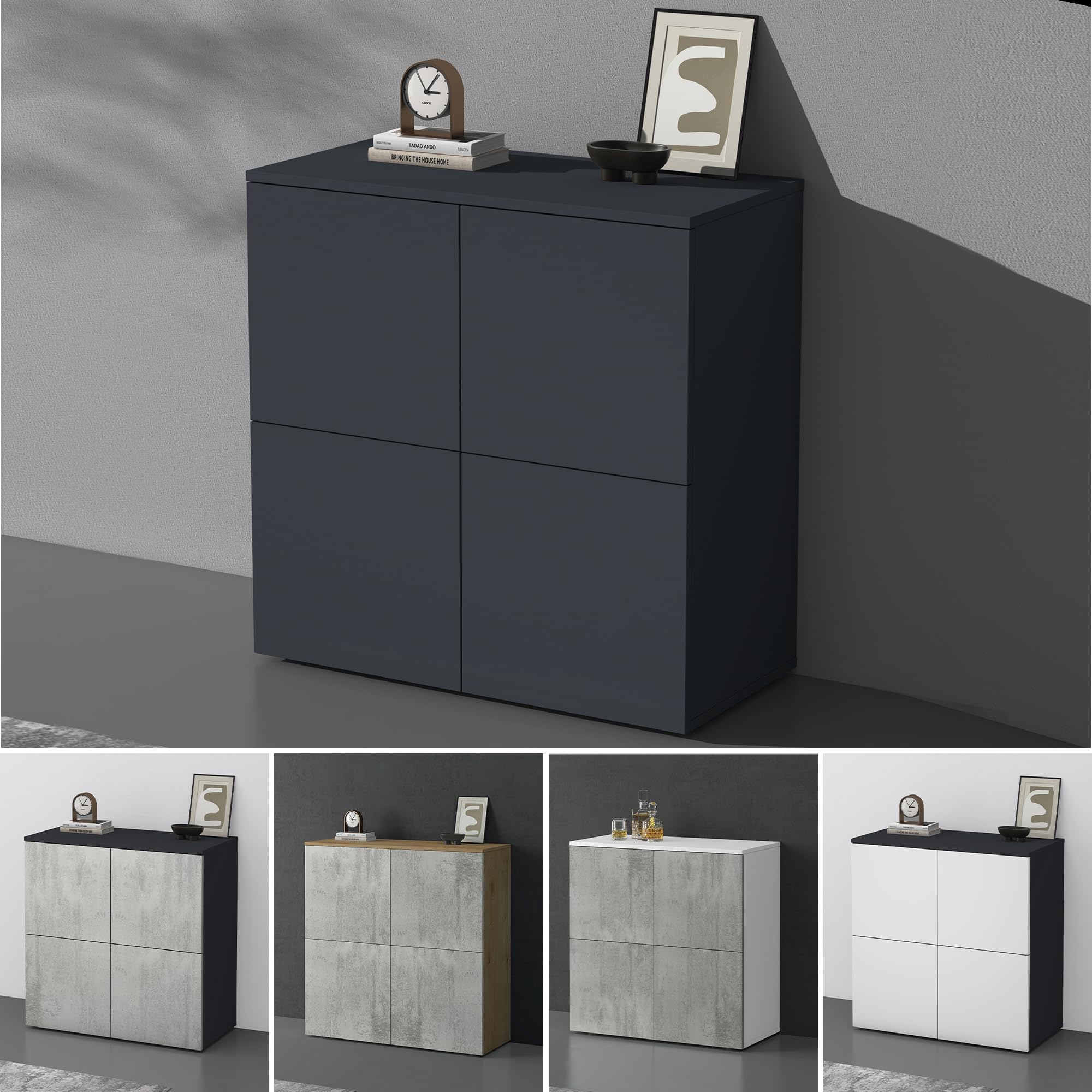 doporro Mobile Organizzatore Credenza Buffet in Legno con 4 Ante Push-to-Open e Soft-Close per Soggiorno, Sala da Pranzo o Ingresso, 76x36,4x76 cm Marrone chiaro e Bianco opaco Schrank04