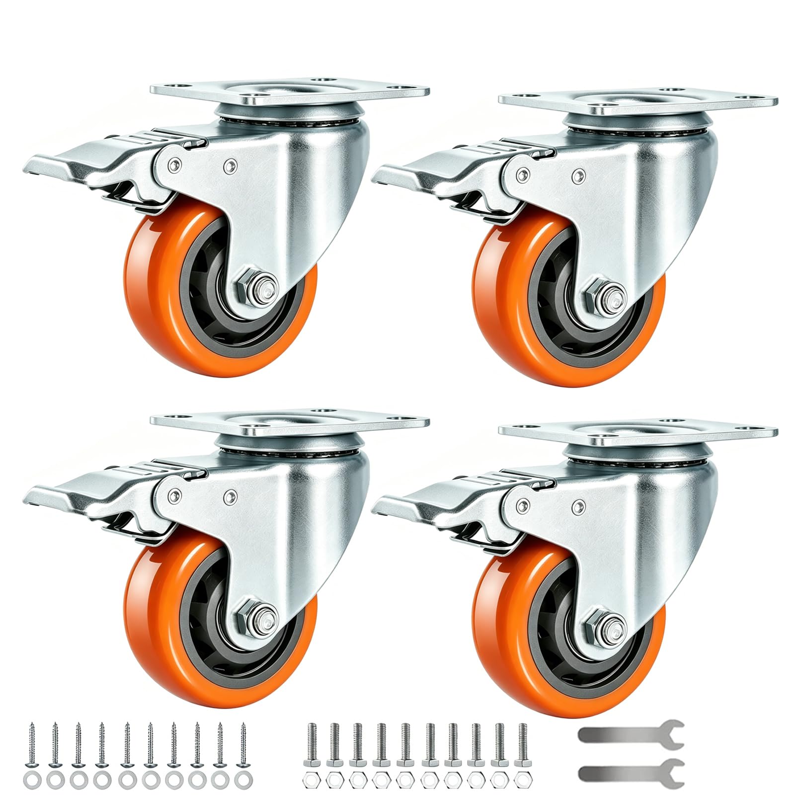 RRIUTO Heavy Duty 75MM Caster Wheels with Brake, Set of 4 Furniture Casters Polyurethane Castors Load Capacity 500kg, Double Bearing Swivel Castors for Furniture, Swivel Trolley Wheels 360° Rotation — image 1