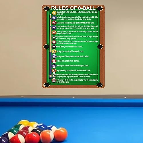 Miniatura 4 de Letrero de lata de reglas de billar grande, arte de pared de metal de 12 x 16 pulgadas para sala de juegos, decoración de mesa de billar, póster