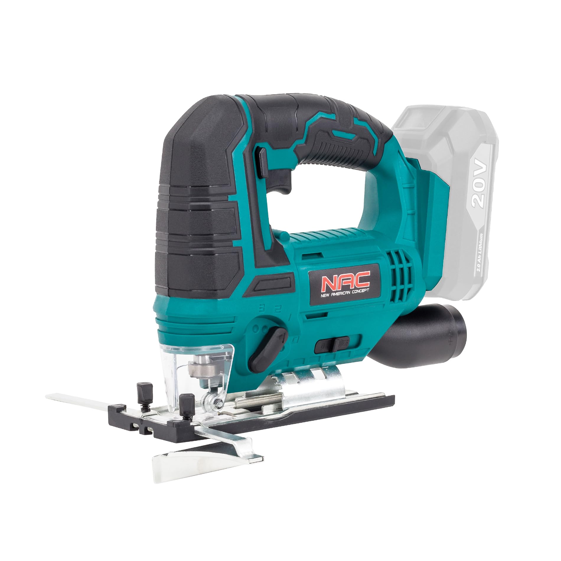 NAC Sierra de Calar 20 V, Corte 80 mm, Base T, 0-2700 rpm | Caladora batería, sierra caladora, Li-Ion 2 Ah, cargador, 0-45°, 3 modos pendulares, guía lateral, aspiración de polvo