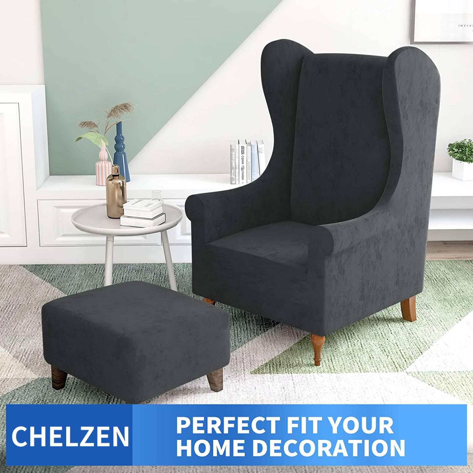 CHELZEN Stretch Velvet Wingback Chair Slipcover Soft Slipcovers for Wingback Chairs Wing Chair Cover with Elastic Bottom (Wing Chair - Image 2