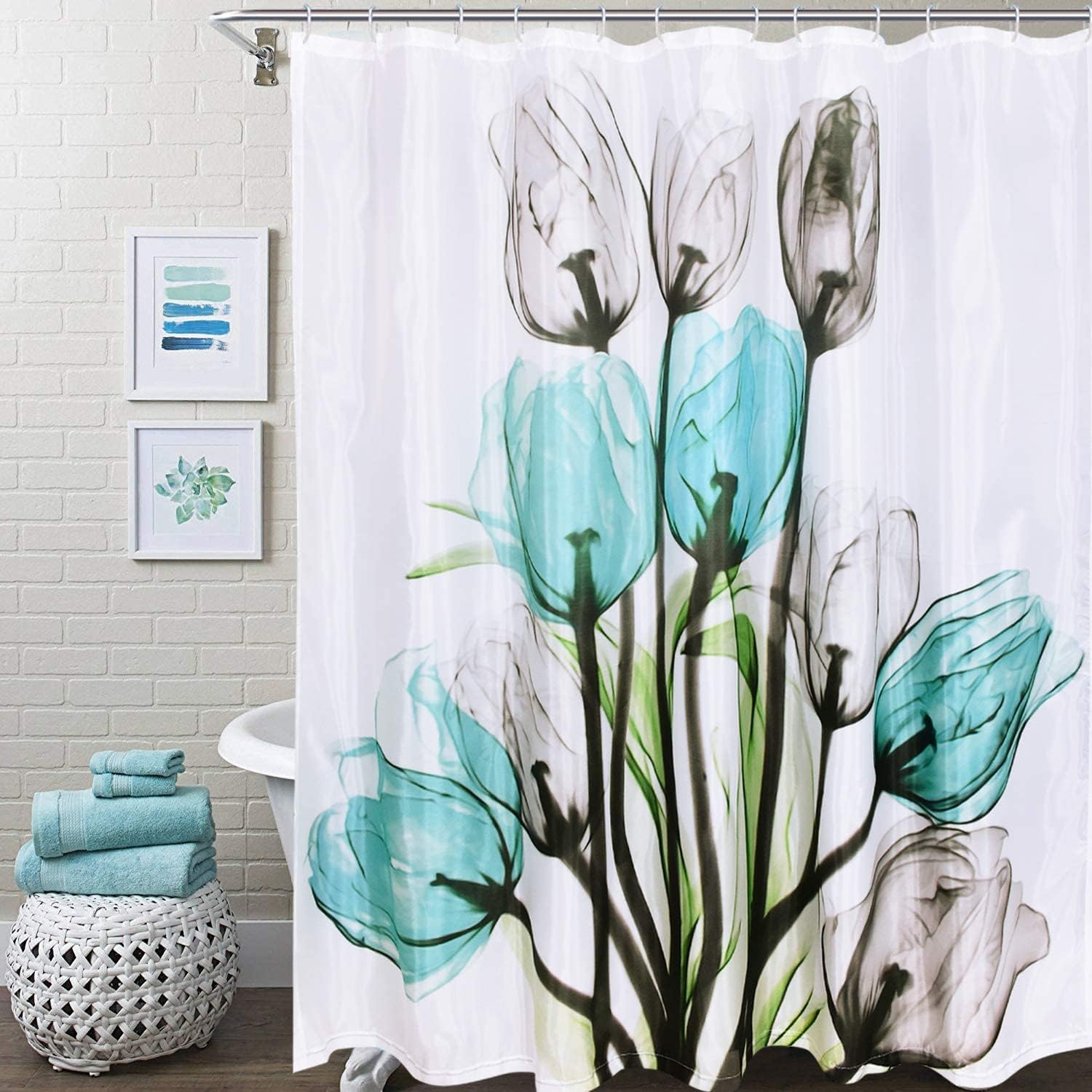 Alishomtll Teal Tulip Flower Shower Curtains for Bathroom, Blue Floral Shower