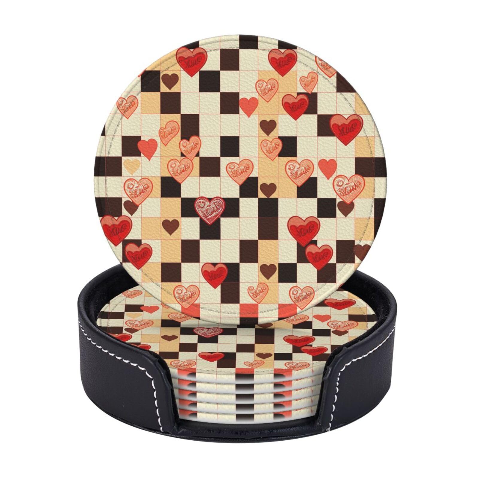 6PCS Drink Coasters with Holder, 4" Leather Coasters for Drinks, Checkerboard Hearts Cup Coasters for Coffee Table Decor, Non-Slip Drinking Cup Mat for Hot or Cold Drink