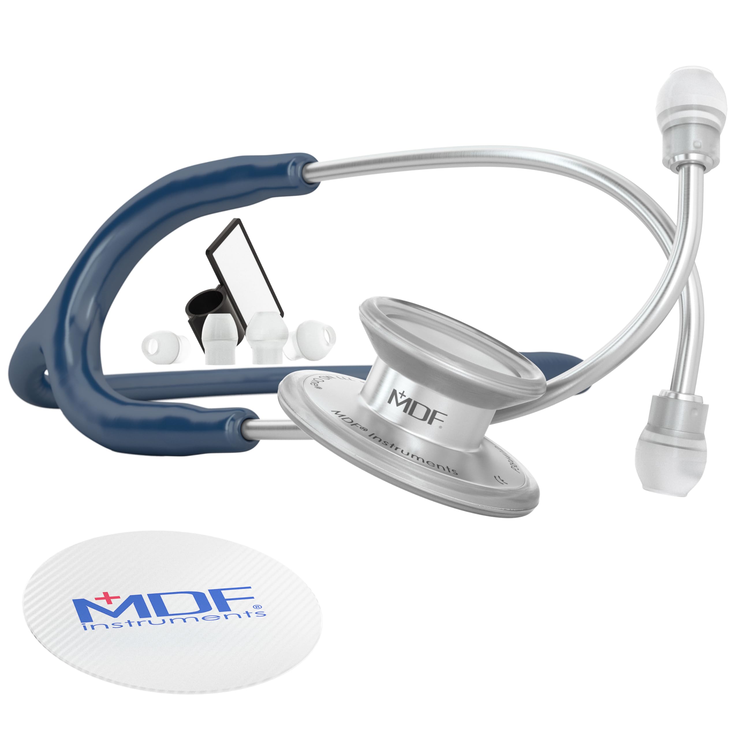MDF Instruments, MD One Stainless Steel Stethoscope, Adult, Navy Blue Tube, Silver Chestpieces-Headset, MDF77704