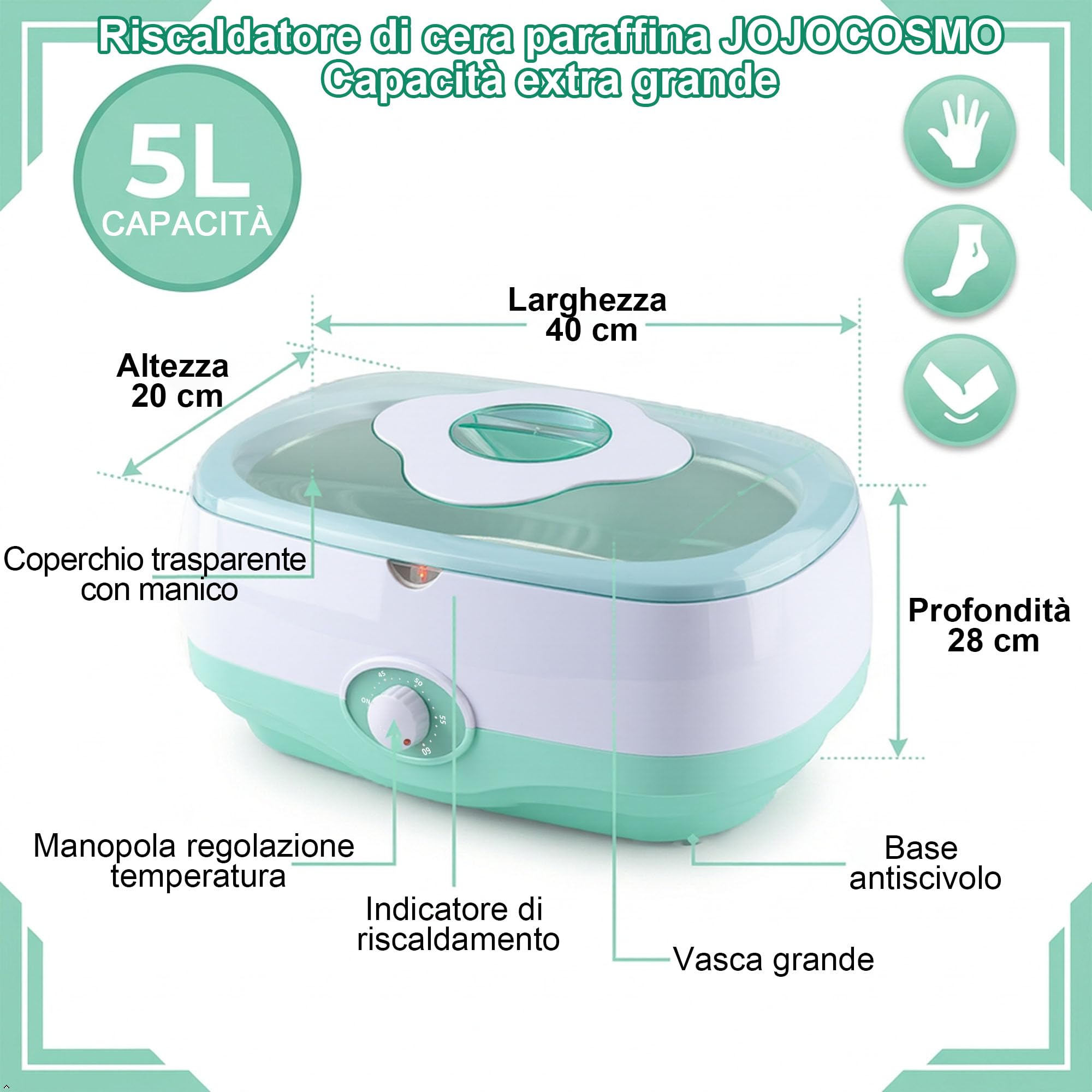 Bagno di paraffina per mani e piedi, apparecchio 5000 ml con 4×450 g cera di paraffina bio, accessori inclusi, trattamento professionale per pelle secca e ruvida