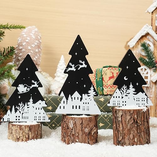 Miniatura 10 de 3 piezas de decoración de madera para árbol de Navidad, a cuadros, bandeja escalonada de Navidad para decoración de fiesta de mesa (clásico)