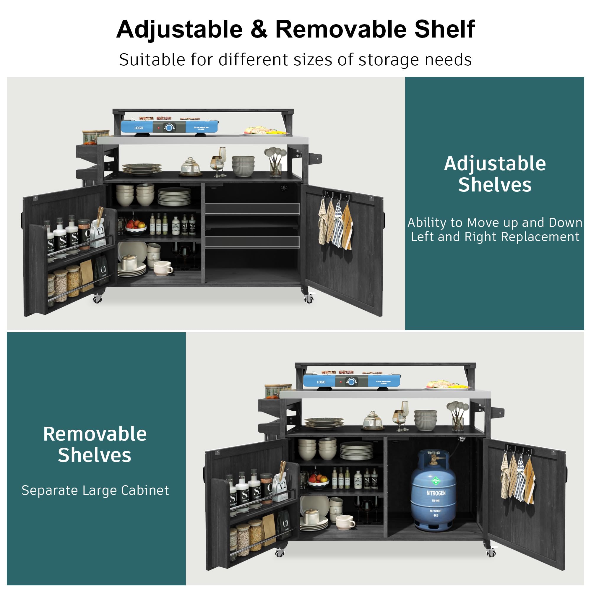 Rustikaler Outdoor-Kücheninsel und rollbarer Grillwagen, 135,4 cm, Massivholz-Sto-Schrank mit Stahlplatte, verstellbaren Regalen und Gestell, perfekt für Grillen und Unterhaltung (schwarz)