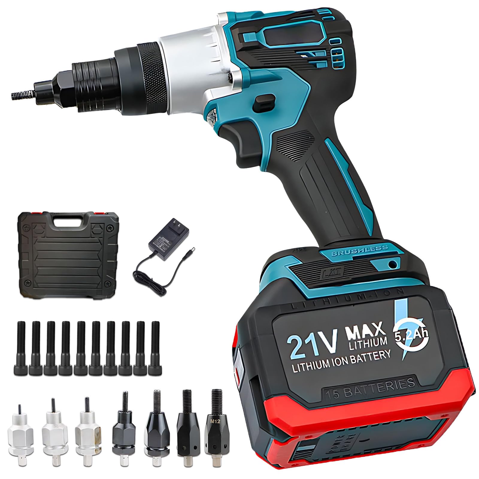 Remachadora inalámbrica portátil y Remachadora de Tuercas, Remachadora eléctrica con batería de 21 V para un Montaje rápido de Tuercas M3, M4, M5, M6, M8, M10 y M12 en Acero.