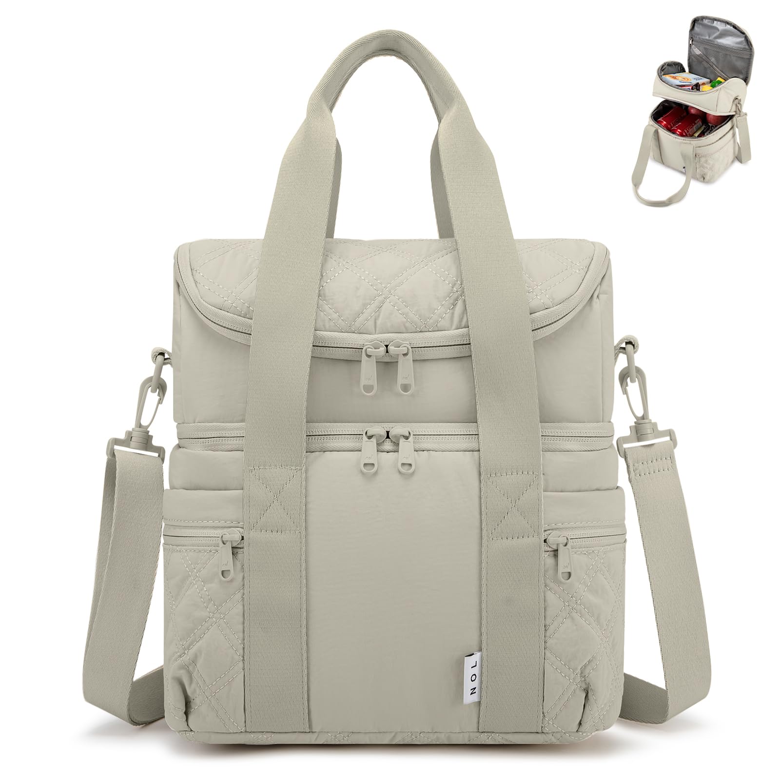 Lunch Bag for Women - Large Double Deck Insulated Lunch Box Leakproof Reusable Lunch Cooler Puffer Lunch Tote Bag with Multiple Pockets for Work Picnic, Khaki