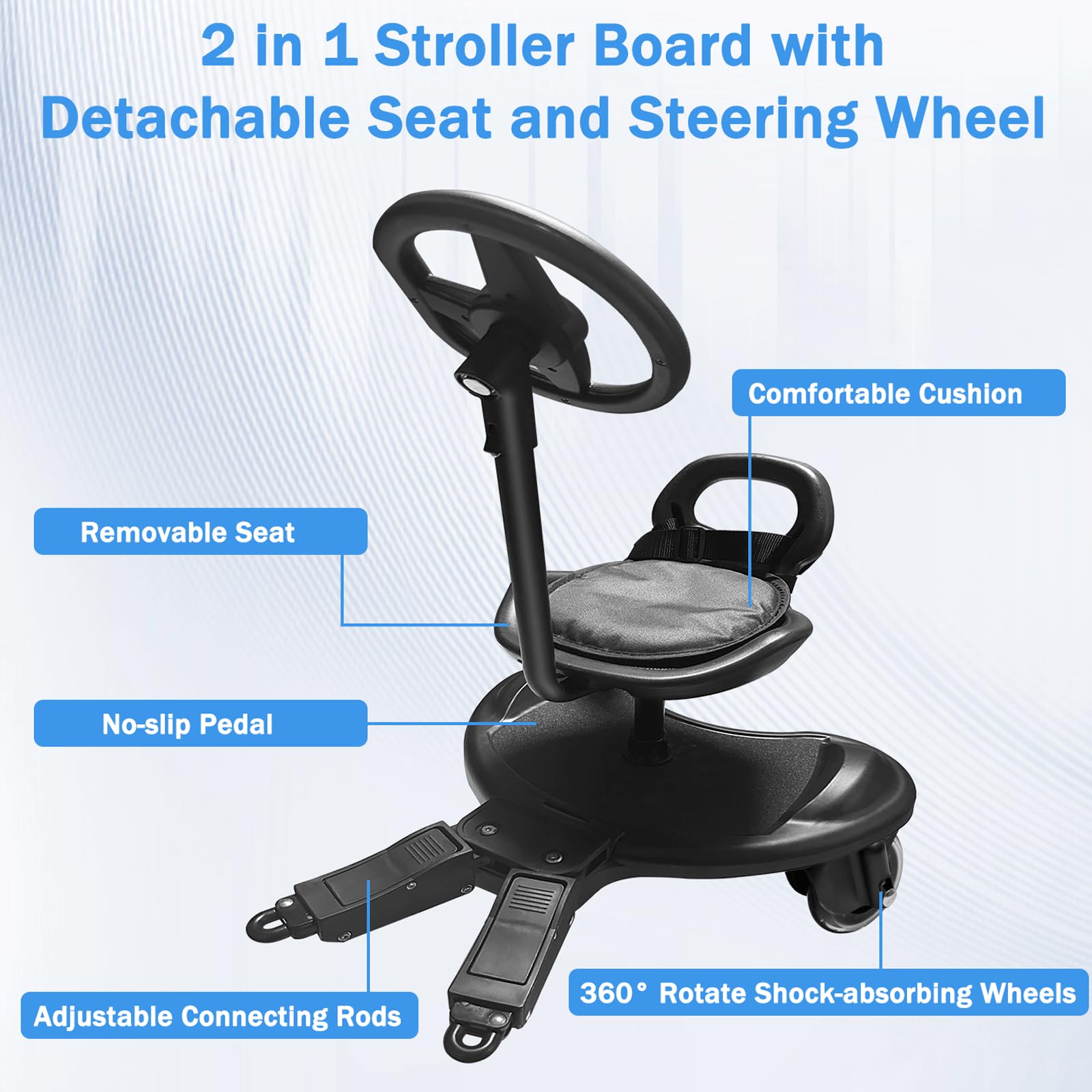 Pedana per passeggino con sedile e volante, pedana universale per tutti i passeggini, girevole a 360°, piattaforma per carretto per bambini da 2 a 6 anni, fino a 50 kg, per famiglie con due bambini