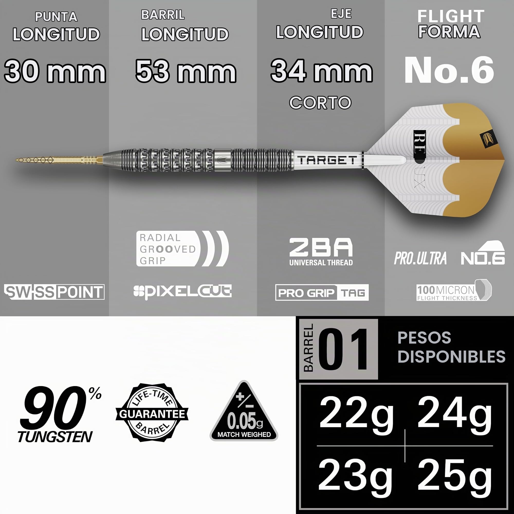 Target Darts Redux 90% Juego de Dardos con Punta de Acero Suizo de Tungsteno (Barrel 01/02/03), 22G/23G/24G/25G/26G | Pro Ultra No.6 Flights y Varillas Pro Grip Tag, Puntas DX Gold y SP Herramienta