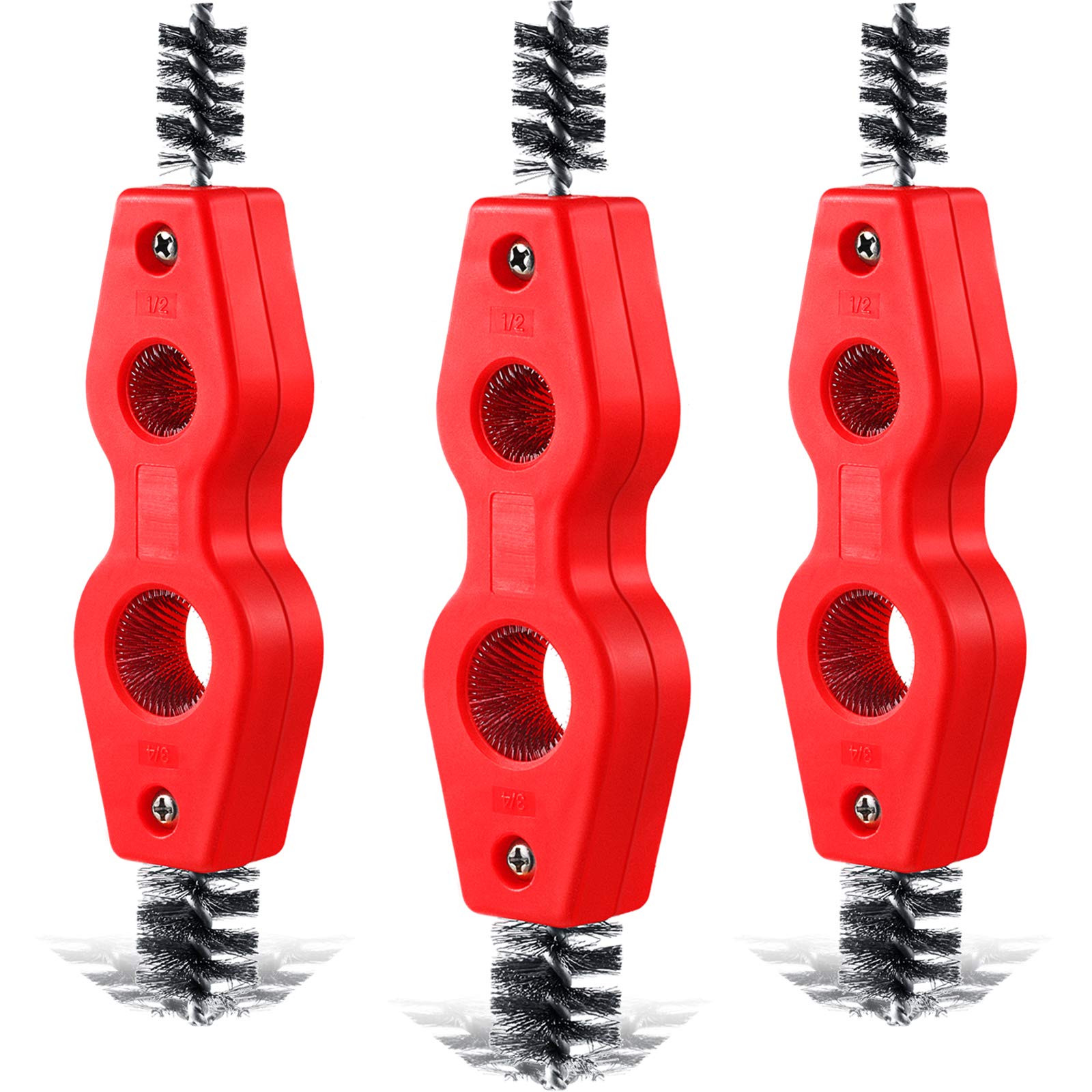 3 Pieces Copper Tubing Brush 4 in 1 Pipe Deburring Brush Cleans Inside and Outside from 1/2 to 7/8 Inch for Plumbing Installation, Soldering, Copper Pipes, Tubes, Brazing (Red)