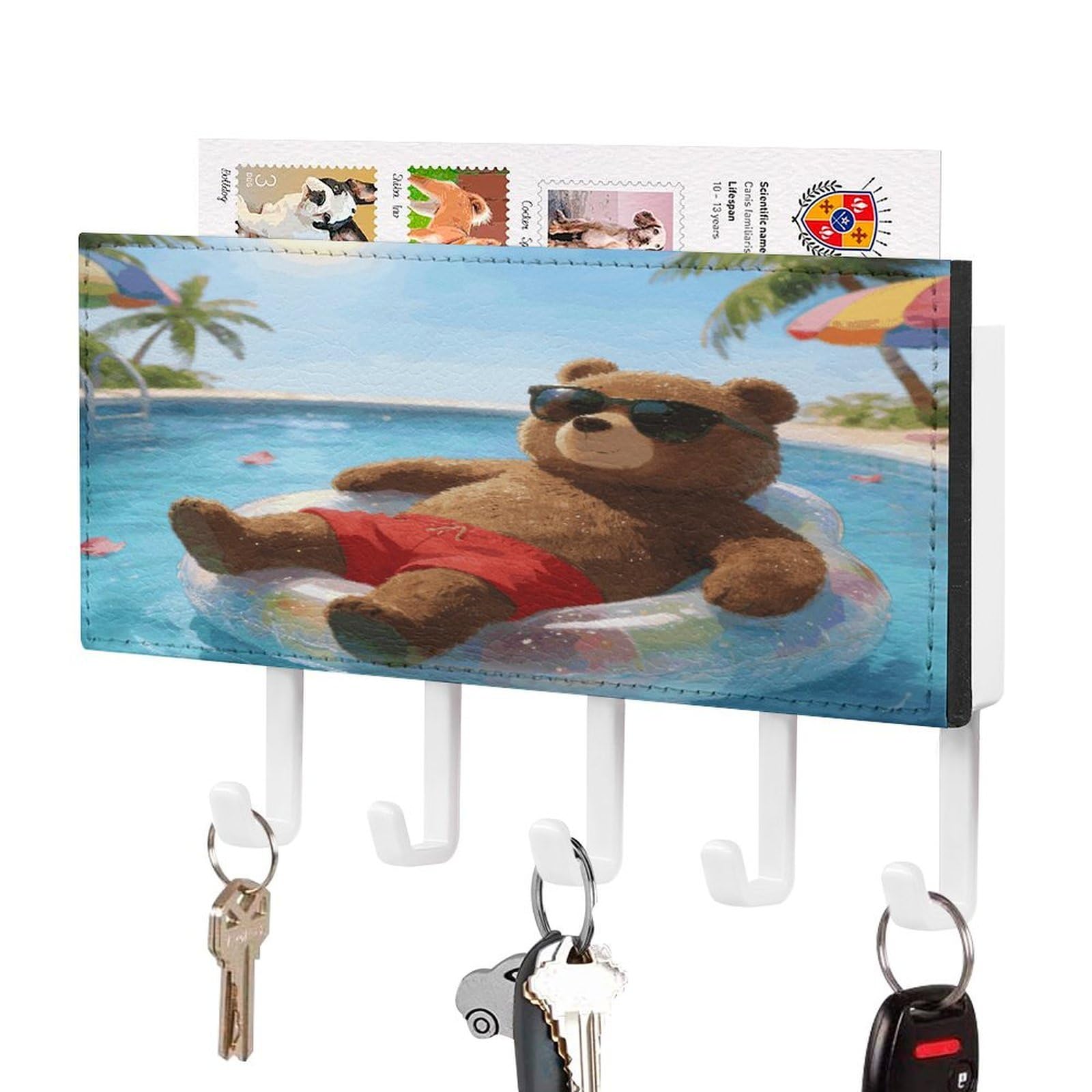 Fekiloot White-Style Little Bear's Swimming Pool Key Holder Wall Mount Key And Mail Holder Key Hanger With 5 Hooks Decorative Pu Key Rack Hanging Key Hooks For Wall Living Room Kitchen Bathroom Hallway