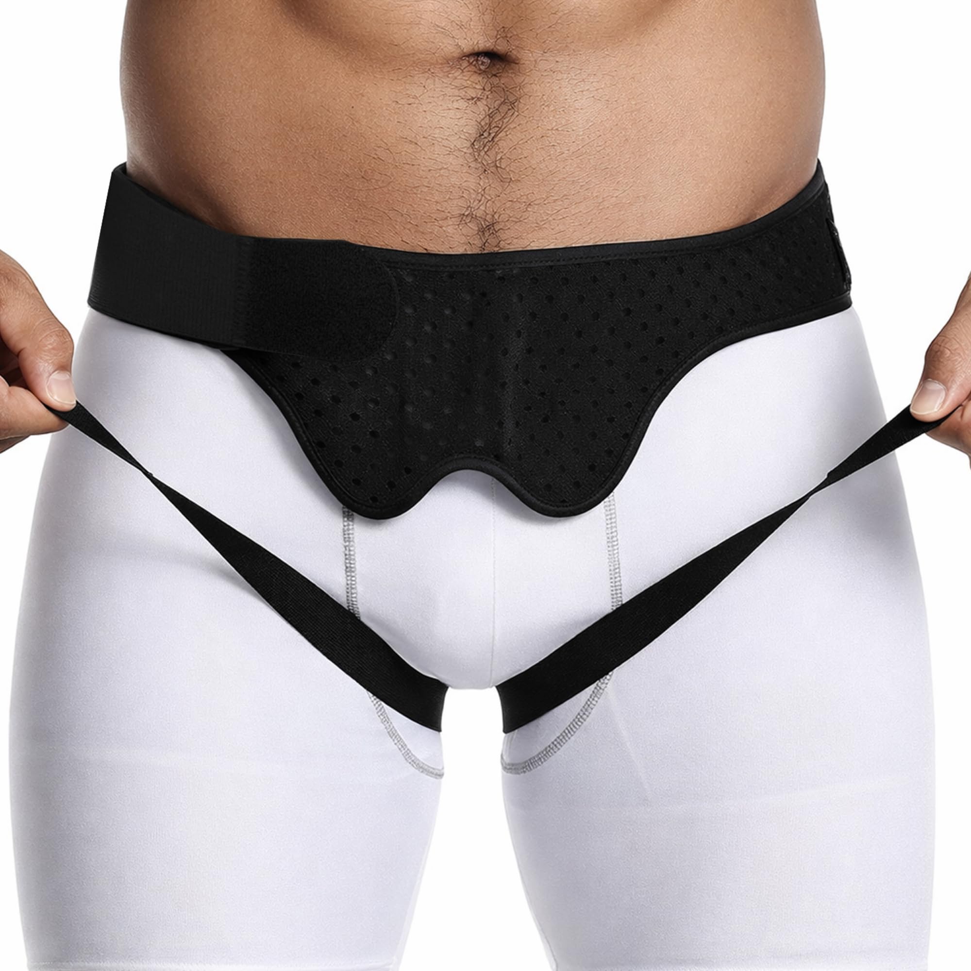BeFit24 Leistenbruchgürtel für Männer mit 2 medizinischen Silikoneinlagen | Leistenbruch Herniengürtel Herren Bruchband komfortabel diskret elastisch PU-Polster Größe L verstellbar (90–105 cm)