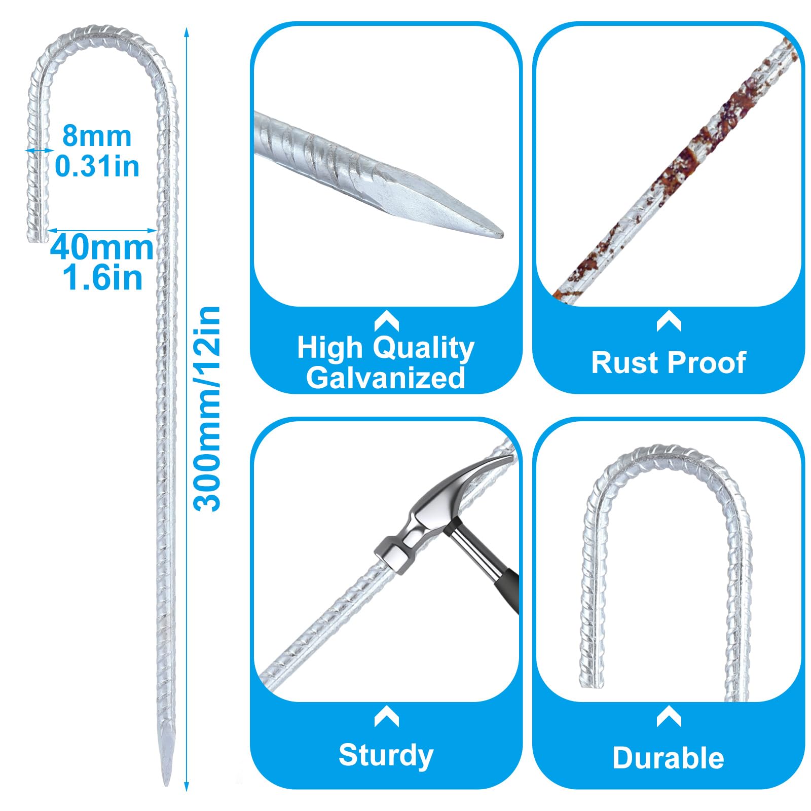 ASelected 8Pack Heavy Duty Strong Tent Pegs,12Inch Steel Ground Pegs Rebar Tent Stakes,Metal Thick Long Galvanised J Camping Tent Pegs For Football Goal Net Swing Fence Camping Gazebo Garden Outdoor - Image 2