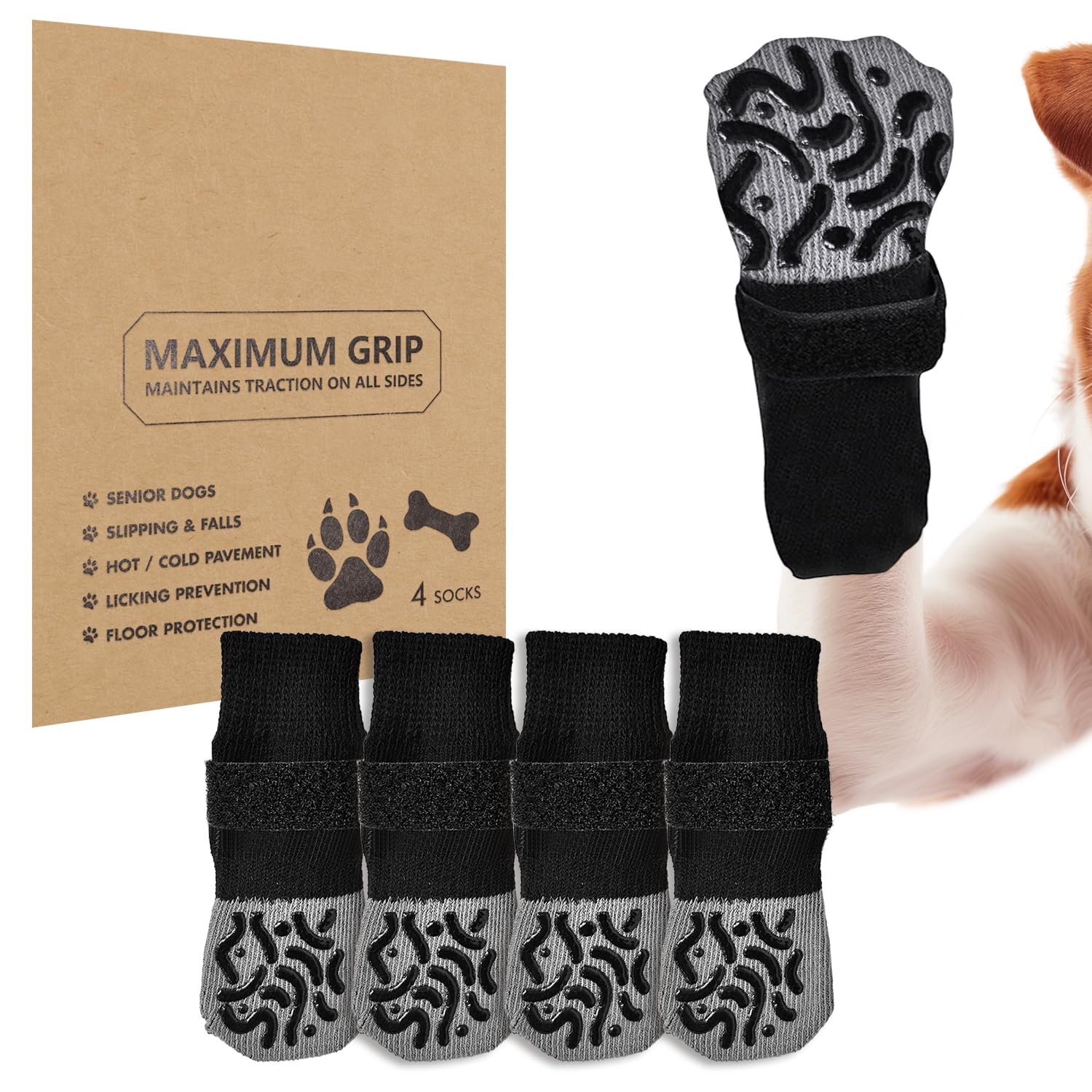 INSPUTOL Anti-Slip Dog Socks with Upgraded Glow Straps for Hardwood Floors, Paw Protectors with Extra Grip, Prevent Licking and Slipping, Dog Booties for Medium Large Senior Dogs(Size M)
