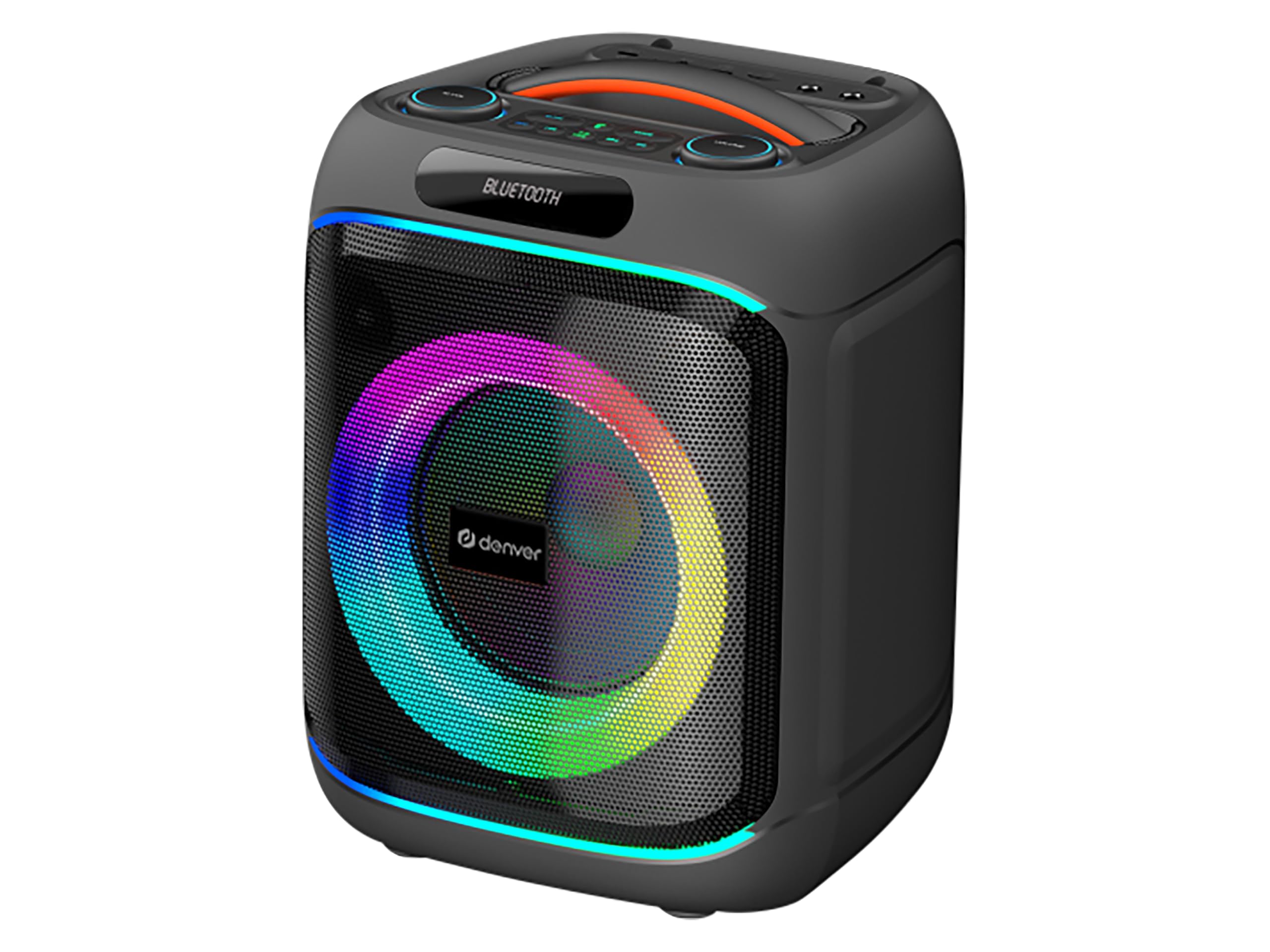 Denver BPS-270 - Altoparlante Bluetooth per feste con woofer da 8", microfono BT, 40 W RMS, TWS, effetti di luce LED, USB, MicroSD, AUX, karaoke e batteria
