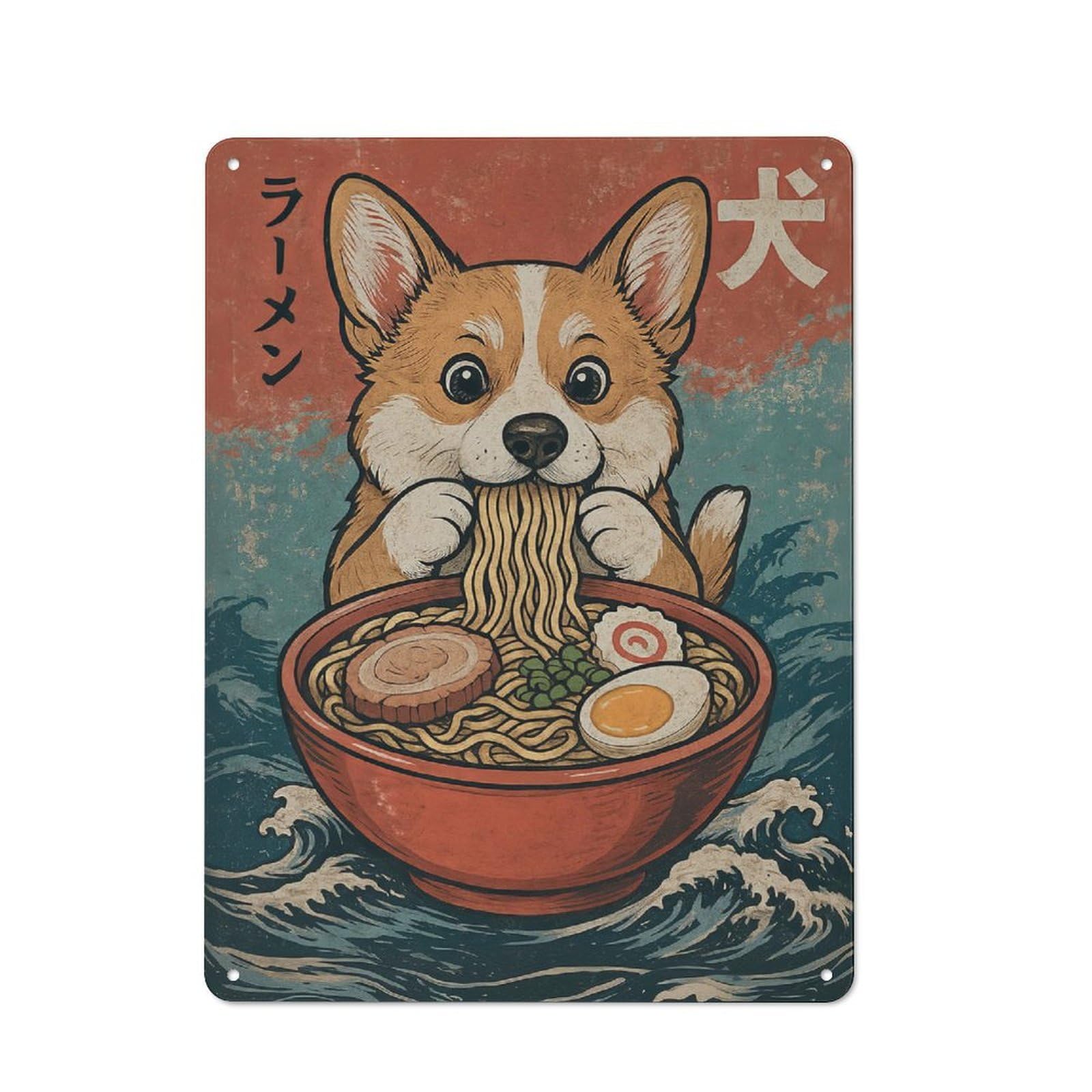 Junmoney Style Retro Metal Wall Sign 40X30cm With Corgi Ramen For Hallway Wall, Suited To Hallway Decor Lovers