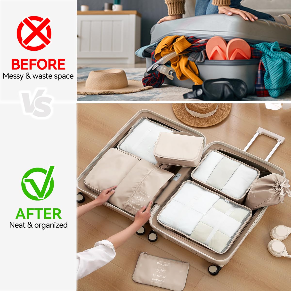 Shadcoler Organizer Valigia, 8 Pezzi Organizer Valigia Salvaspazio, Organizer Viaggio, Packing Cubes per Cosmetici, Abbigliamento Intimo, Vestiti, Borse, Scarpe, Viaggio Accessori Utili (Albicocca)