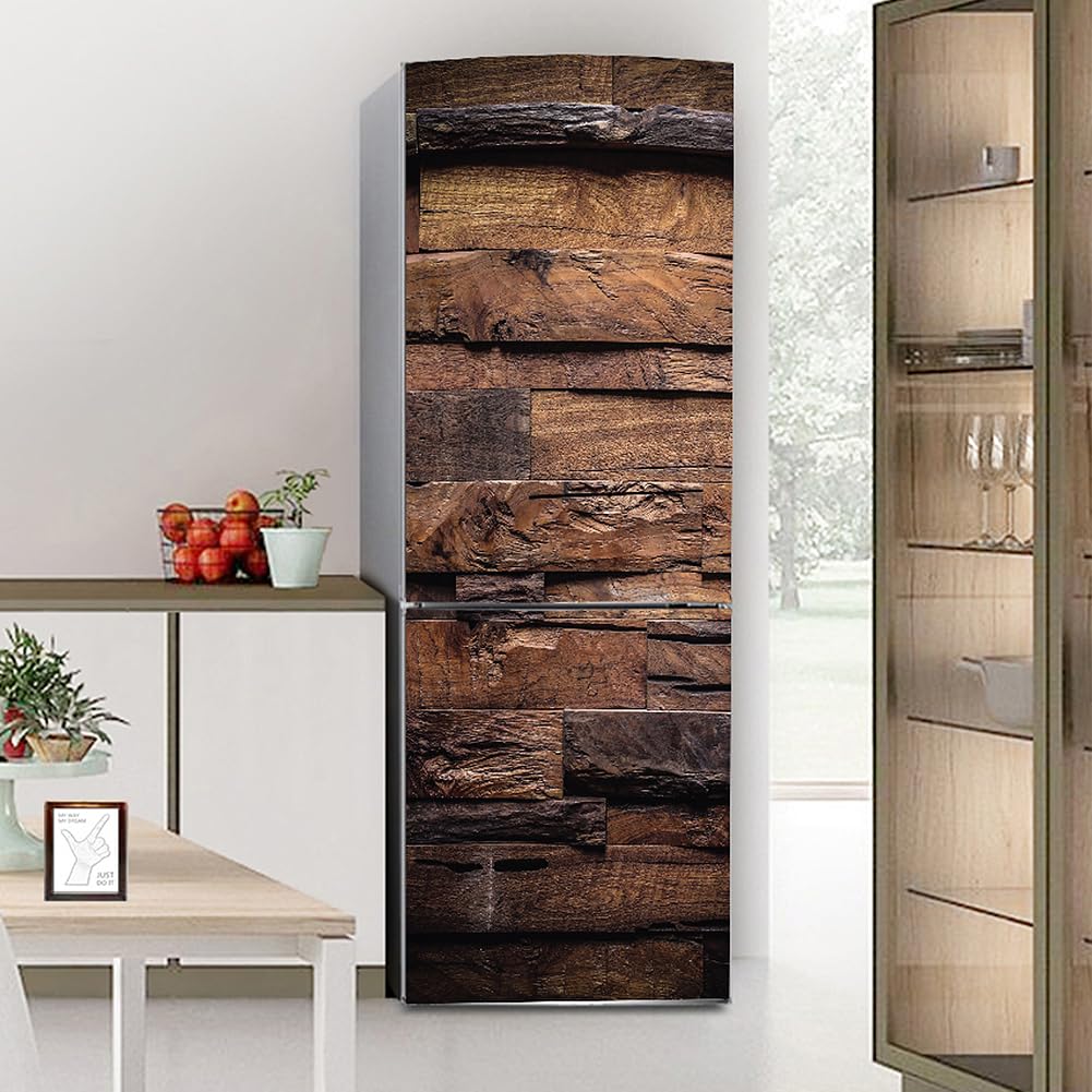 Fridge Stickers, Fridge Sticker Full Covering Door Covers Skins Wall Stickers for Kitchen Decal, Brown Retro Wooden Board Effect(S: 60x150 cm)