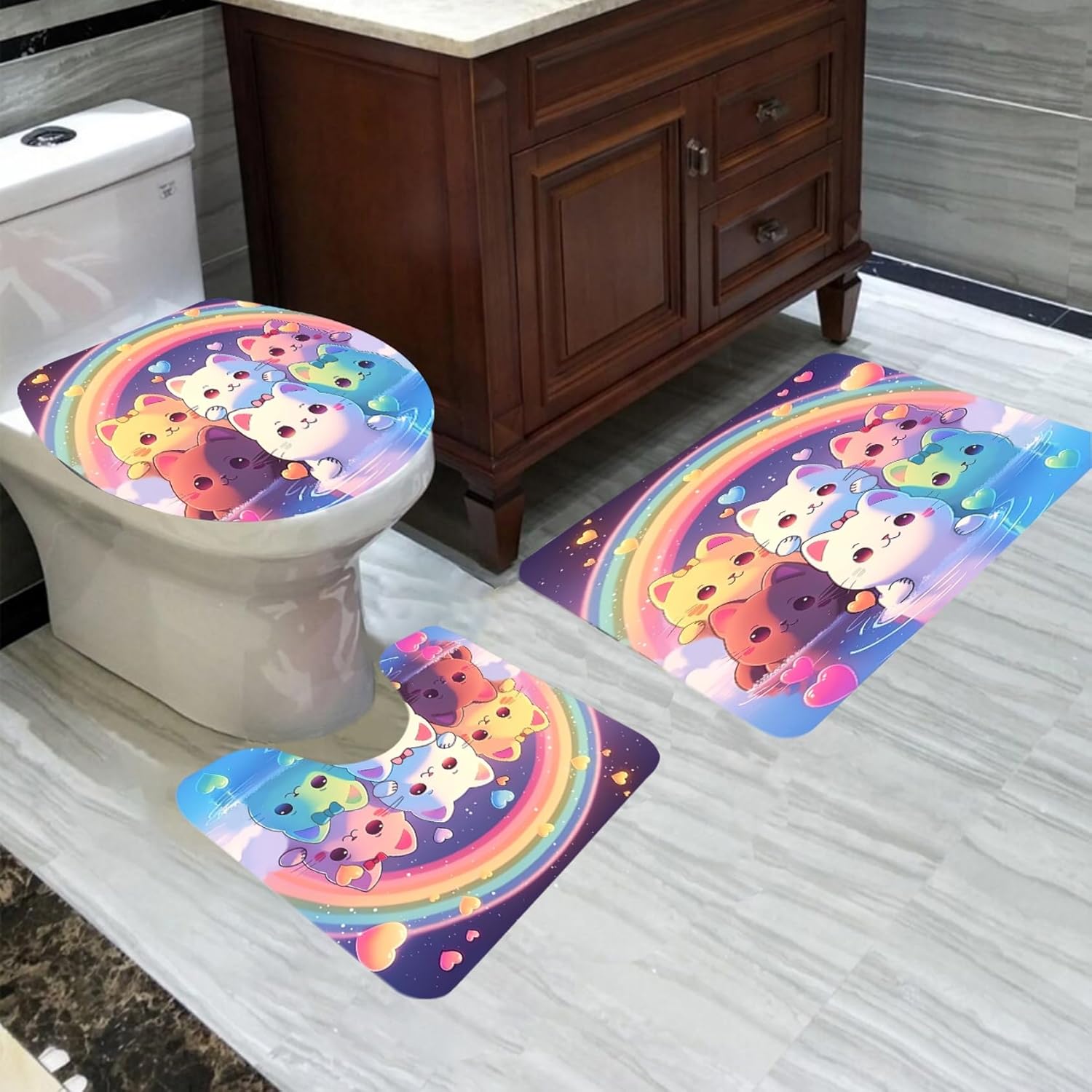 Rainbow Cat Shower Curtain Set 4PCS - 70"x70" Cat Bathroom Decor SES with Rugs and 12 Hooks, Cute & Playful Design for Kids and Adults