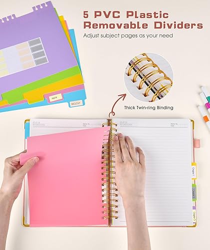 Miniatura 4 de Cuaderno universitario de espiral con tapa dura de cuero de 8 x 10 pulgadas, con pestañas separadoras extraíbles, para 5 materias, a rayas diario B5