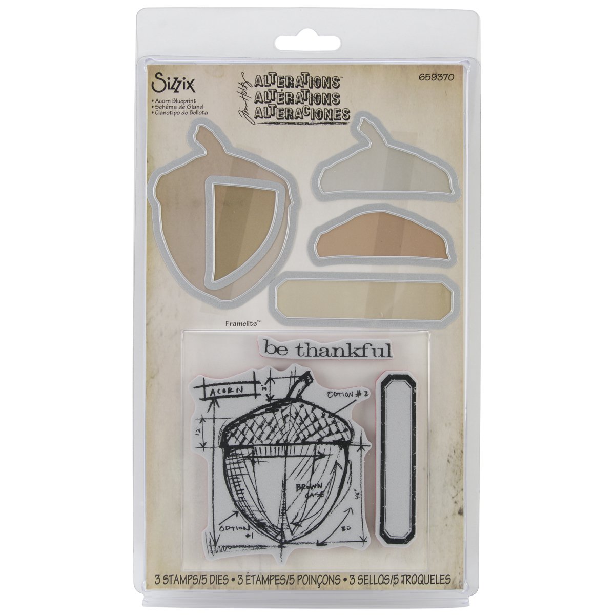 Sizzix Framelits Dies with Clear Stamps by Tim Holtz, Acorn Blueprint, 5-Pack