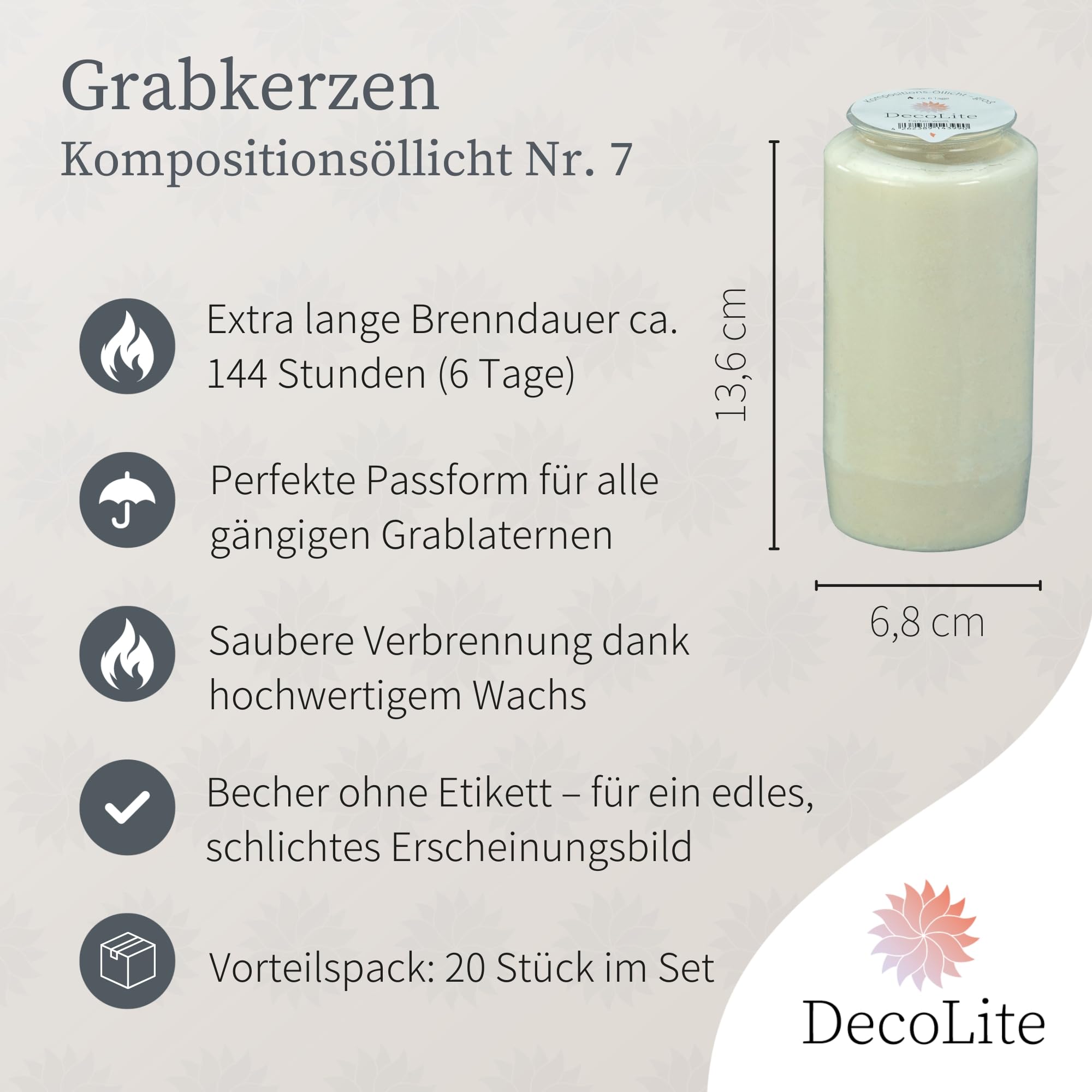 20 x Grabkerze 6 Tage rot/weiß – Friedhofskerze ohne Deckel & Etikett, 13,6x6,8cm, 30% Pflanzenöl, bleifreier Docht, ruhige Flamme, umweltfreundlich (weiss)