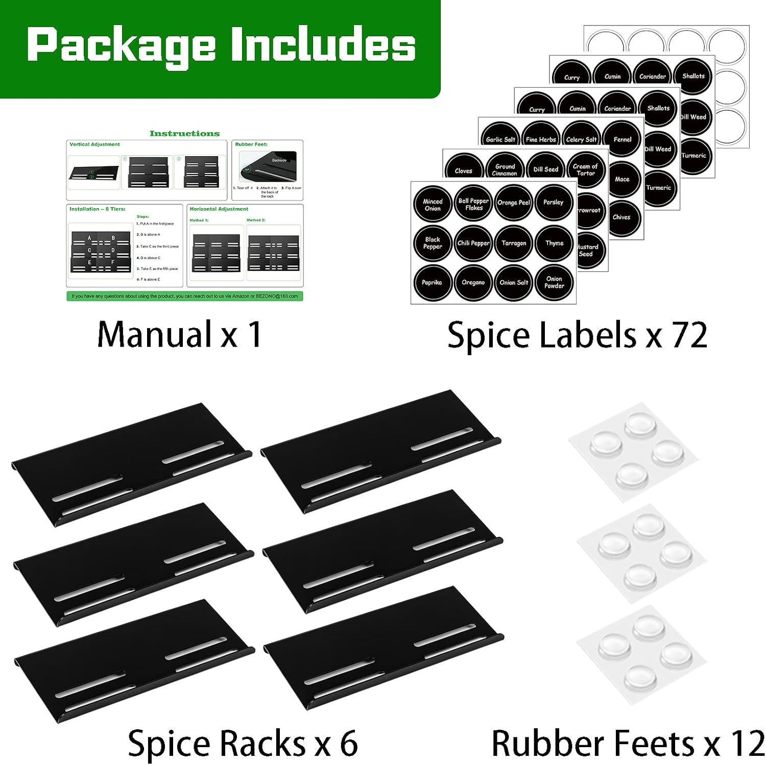 Spice Organizer for Drawer Kitchen & Cabinet, with 72 Pices Spice Labels Won't Slide Expandable 6 Tier Acrylic Drawer Spice Organizer for Spice Jars, Seasoning, baking supplies ect (Black)