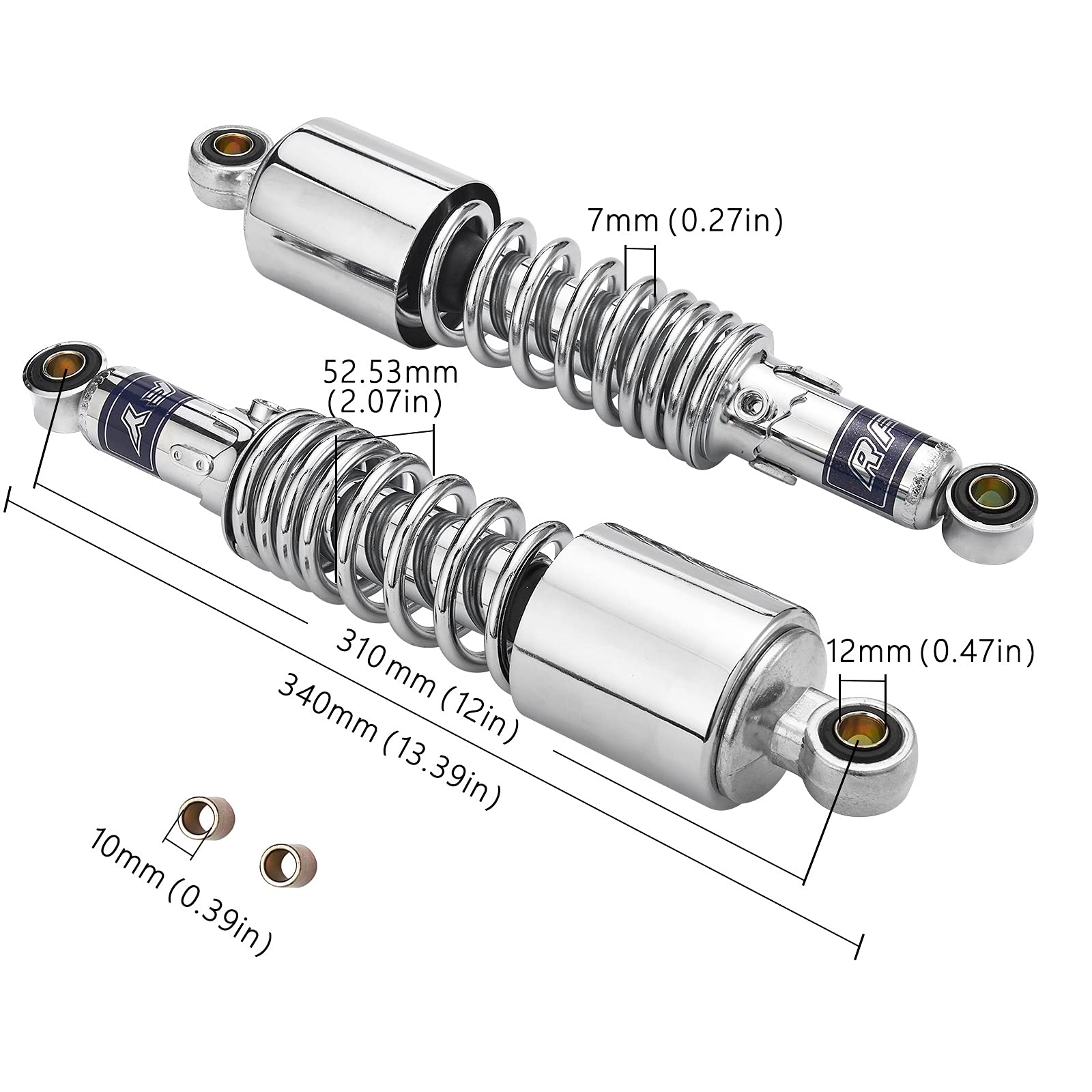 Moto Amortisseur, Motorcycle DOR AIR AIR, Chrome 1 Paire Gauche à Droite à Droite 12 Pouces 310 mm Motorcycle Suspension Suspension Portector Springs 7 mm Compatible avec Les Chocs HA-Rley Avant