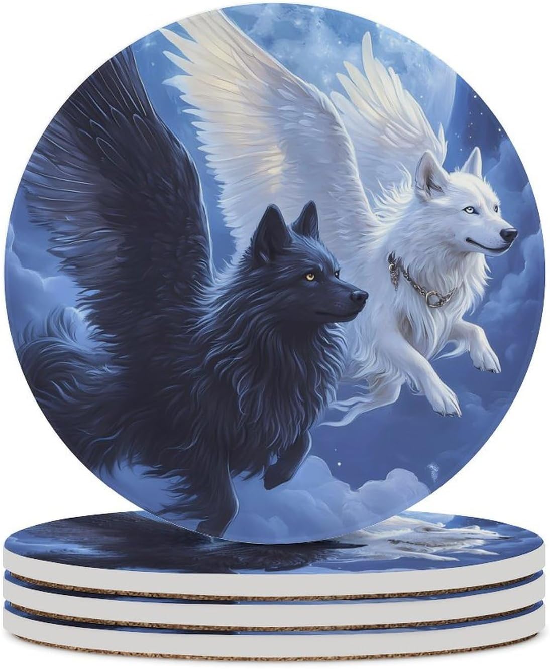 Flying Wolf Moonnight Round Ceramic Coasters Print Drinks Absorbent with Cork Base for Home Decor Gifts 4 Inch