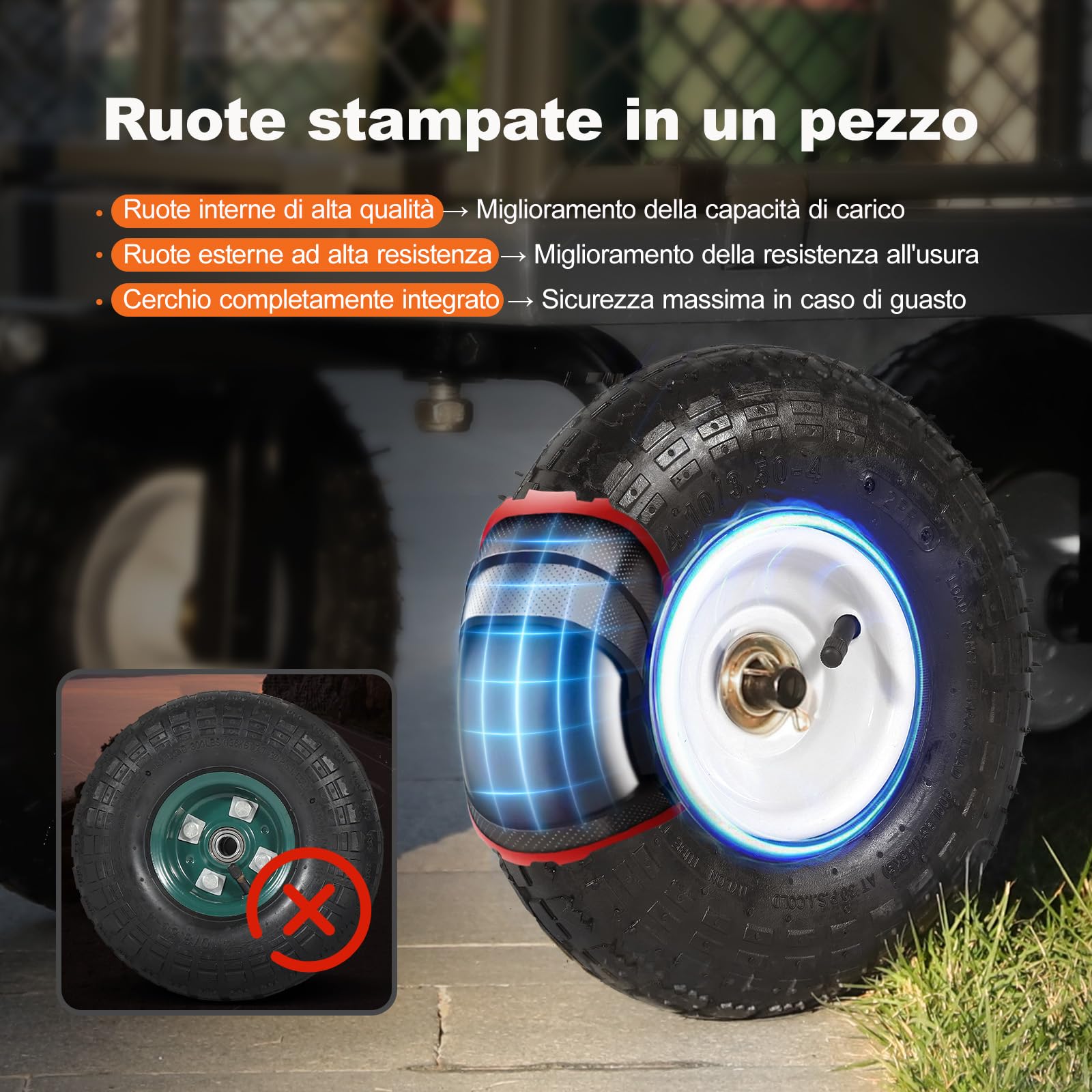 Carrello da giardino TITAN – Capacità di carico 550 KG, Carrello di trasporto per attrezzi con manoferro brevettato, Pneumatici gonfiabili in gomma completa, 200 L Grigio