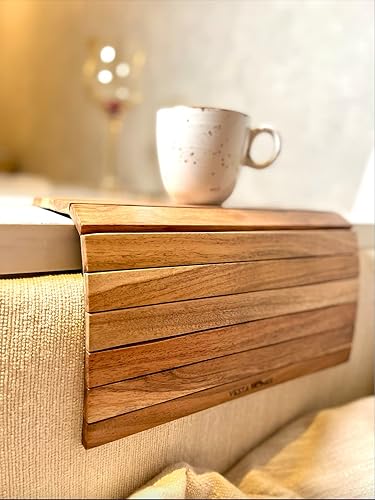 Miniatura 5 de Vesta Homes Juego de 2 bandejas para reposabrazos de sofá, madera de acacia, bandeja de tambor, flexible y plegable, tapete de mesa de comedor,