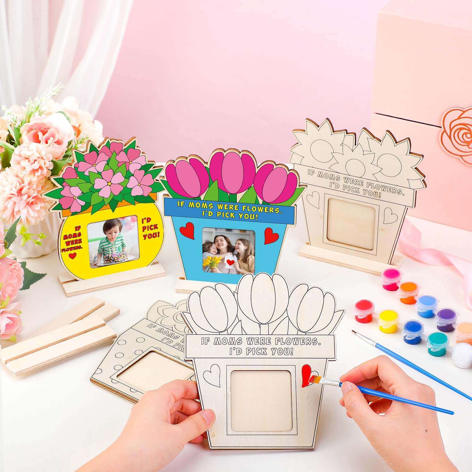 Vercraft 12 Sets Muttertags-Bilderrahmen zum Basteln für Kinder, zum Ausmalen Ihres eigenen Holzes, Muttertags-Bastelarbeiten, Blumen-Bilderrahmen für Muttertag, Geschenk, Klassenzimmer,
