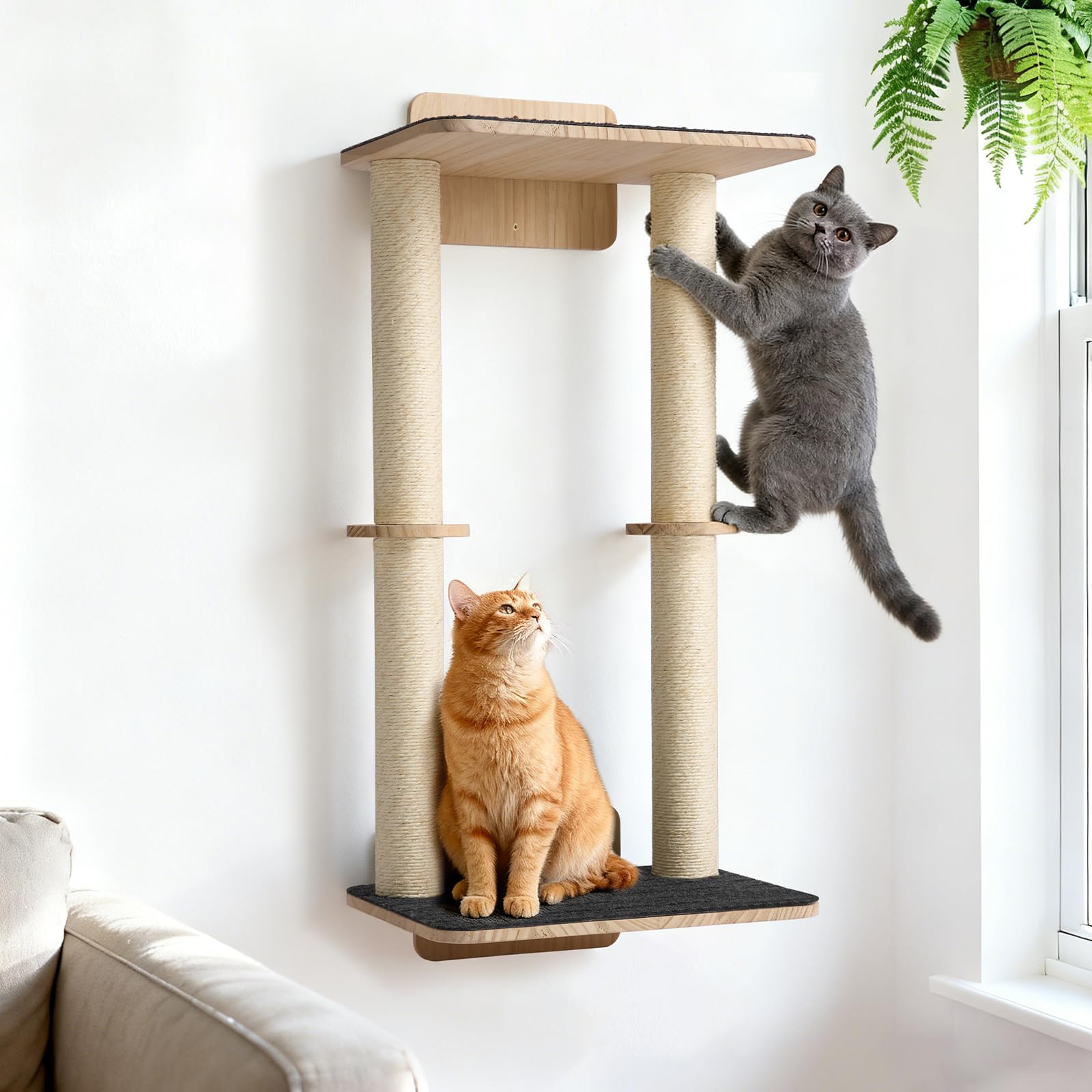 Veehoo Cat Wall Shelves, 28.3" Cat Wall Climber with Dual Sisal Scratching Posts and Carpeted Perch, Cats Wall Scratcher Furniture for Climb, Play and Rest