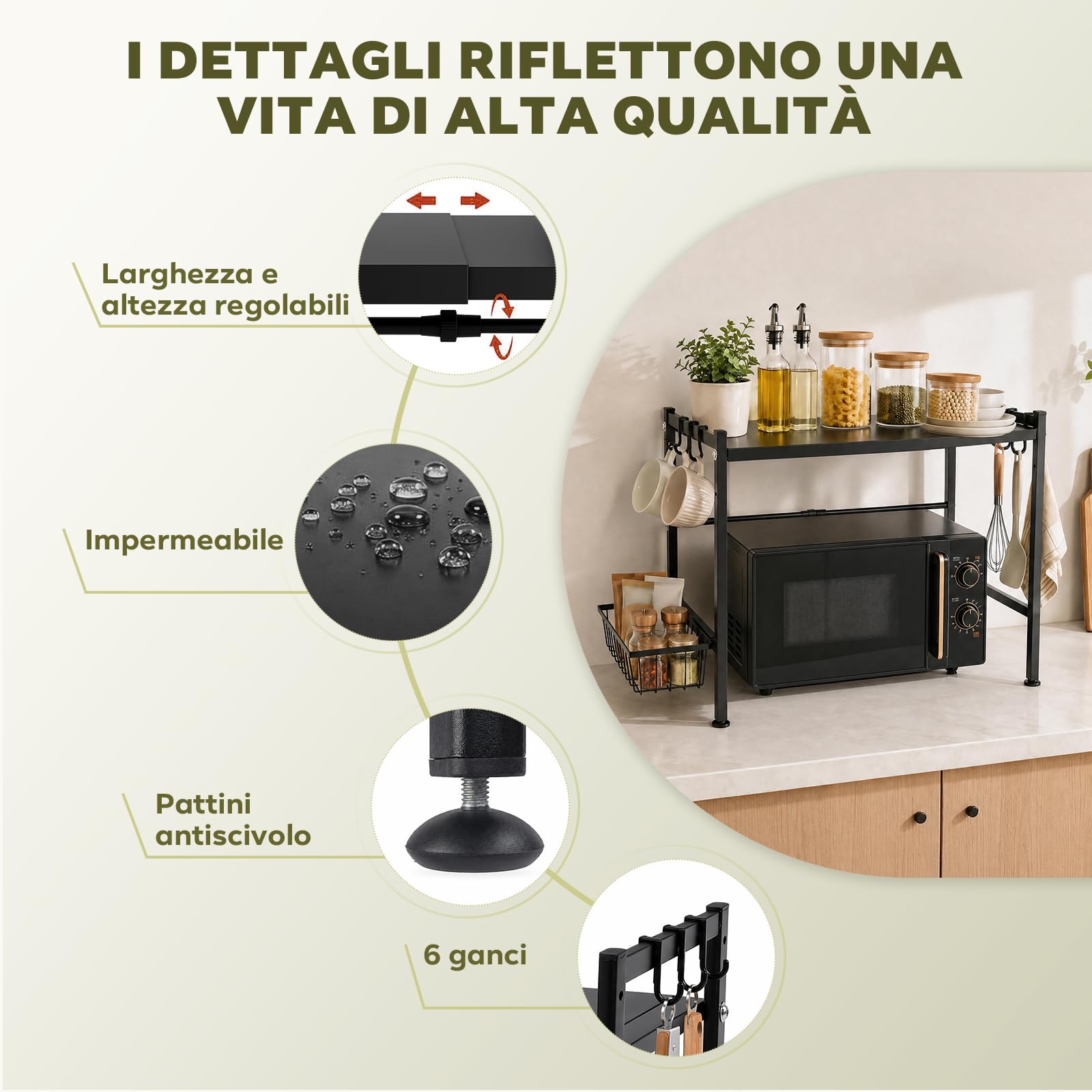 Supporto per microonde regolabile con ripiano supplementare, versione ispessita, regolabile in altezza per forno e utensili da cucina, con gancio per spezie e utensili, antiruggine, nero