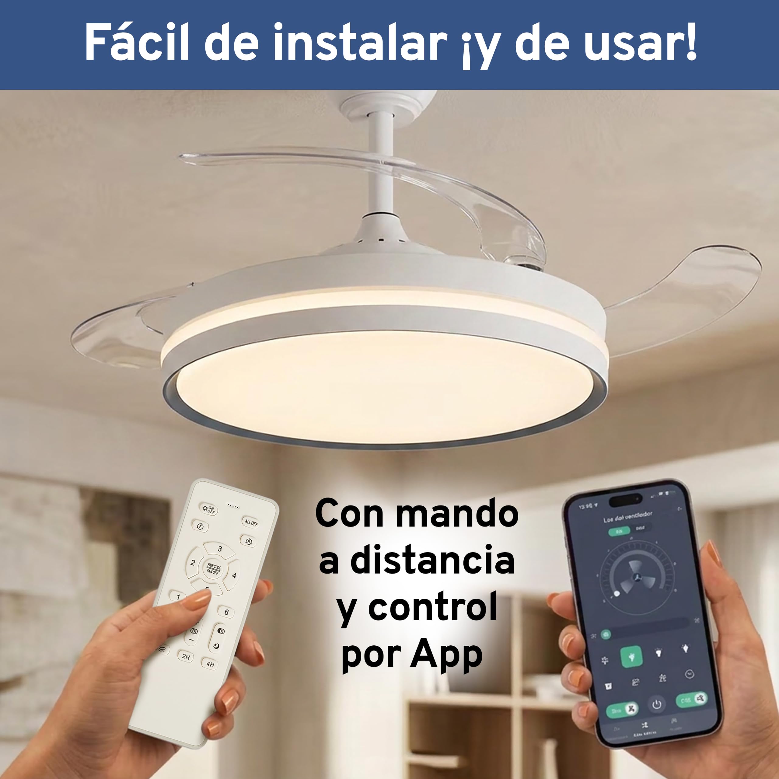 Ventilador techo, aspas retráctiles, luz regulable: BRISANOVA RETRÁCTIL. 6 Velocidades 3 tonos luz.Temporizador. Silencioso. 30W. Modo Verano/Invierno. Ø 48.5cm aspas cerradas. Ø 106cm aspas abiertas