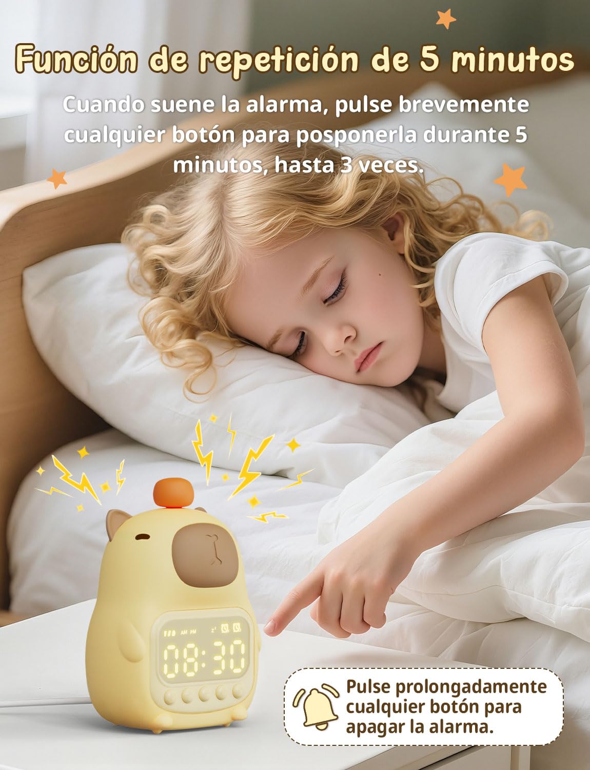 YISSVIC Despertador Infantil Reloj Despertador Digital 2 Alarmas Brillo Ajustables 8 Volumenes 5 Músicas, Función de Repetición Luces Nocturnas Recargable de 1800mAh para Infantil Adulto- Capibara
